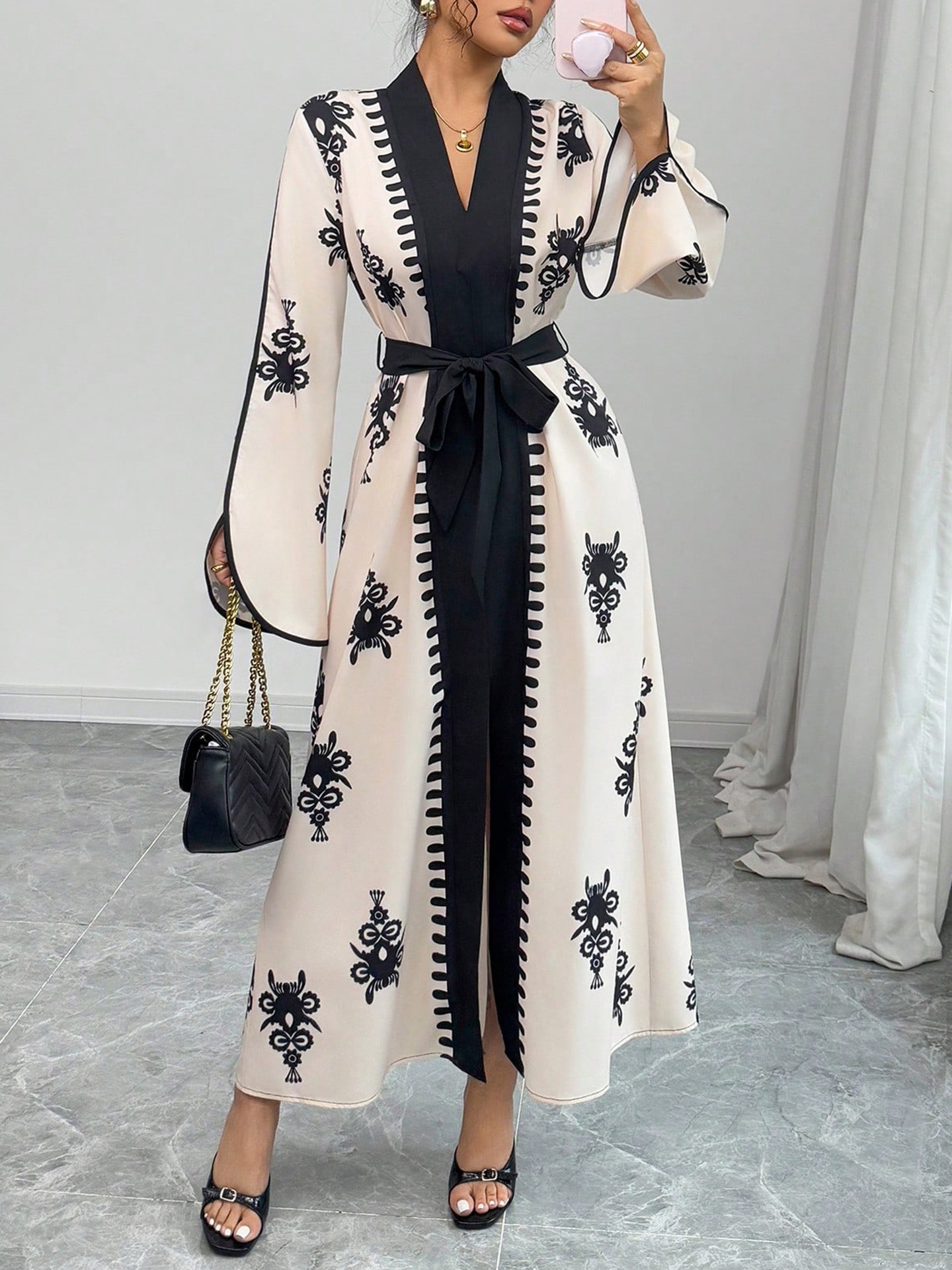 Vacation A-Line Bell Sleeve Geographic Belted dress