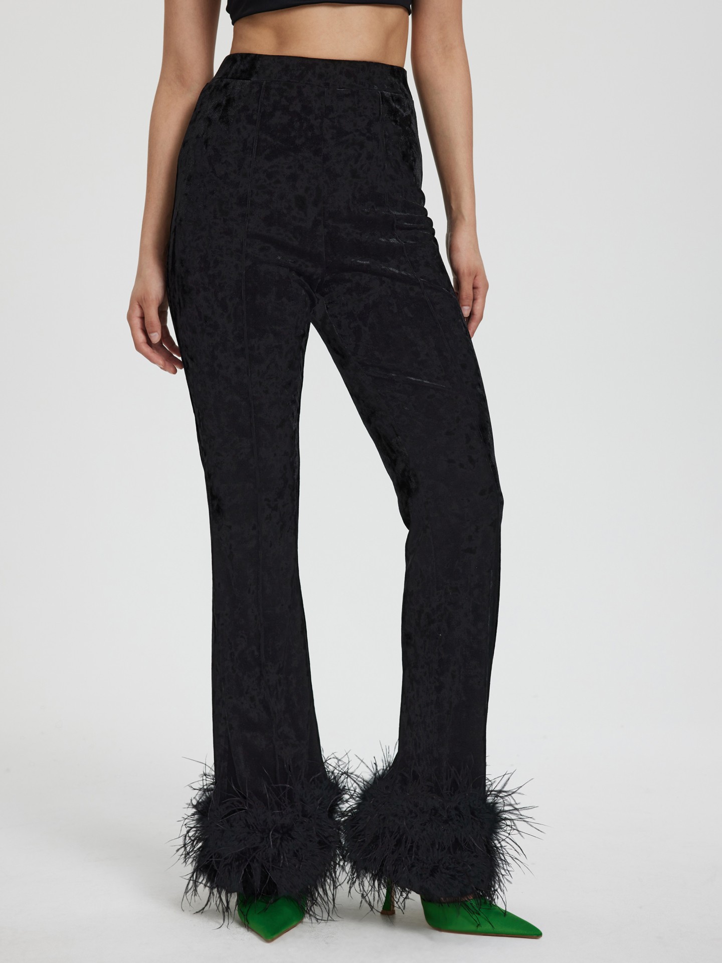 Flared Velvet Pants With Feather