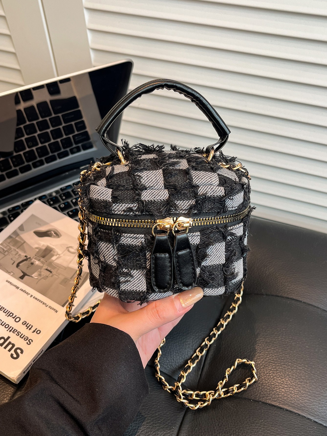 Black-White Denim Crossbody Bag