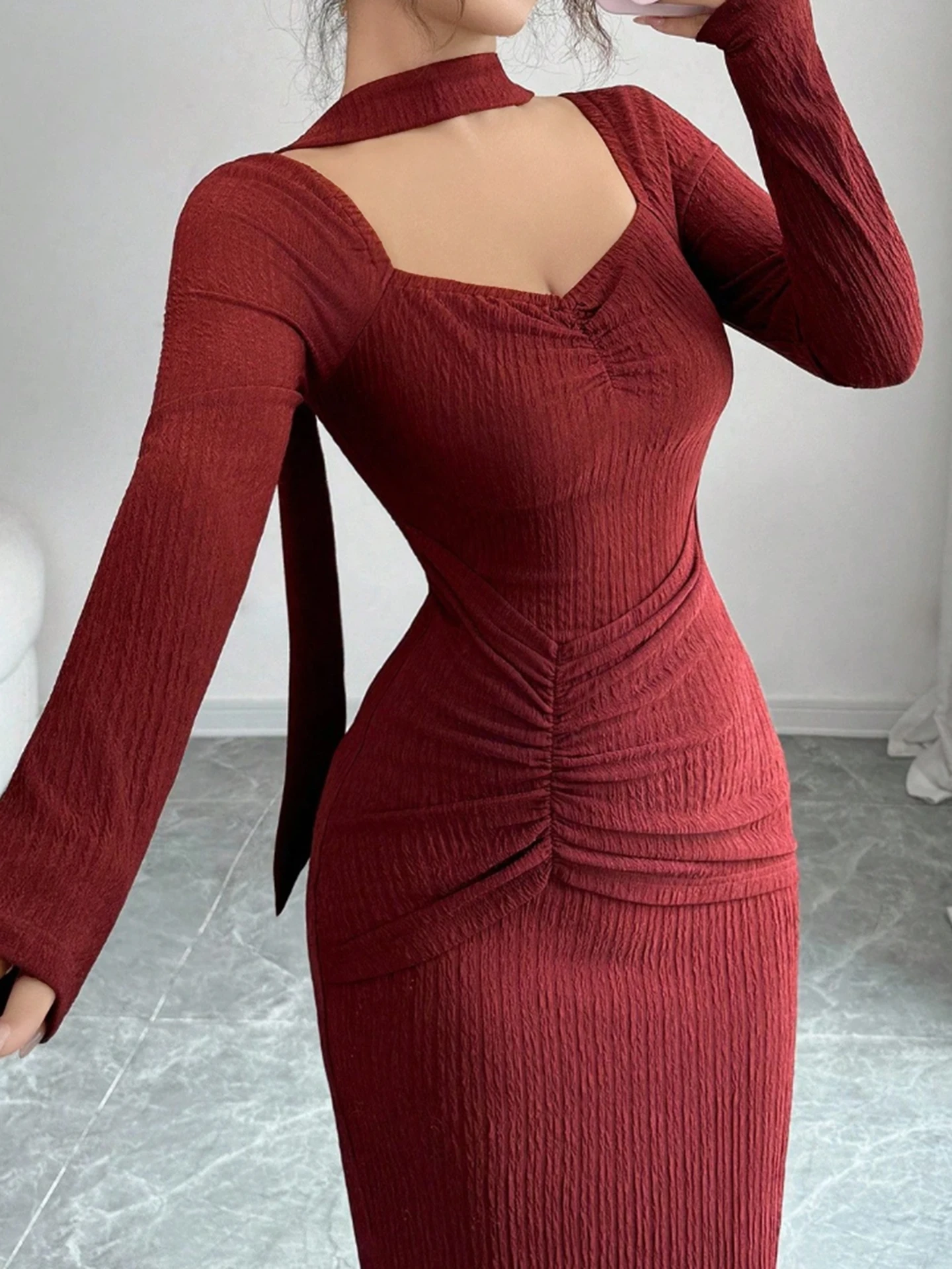 bodycon dress with neck scarf | Savana a mini length and dress_type_8th Grade Dance black long sleeved dresses Colour:WHITE