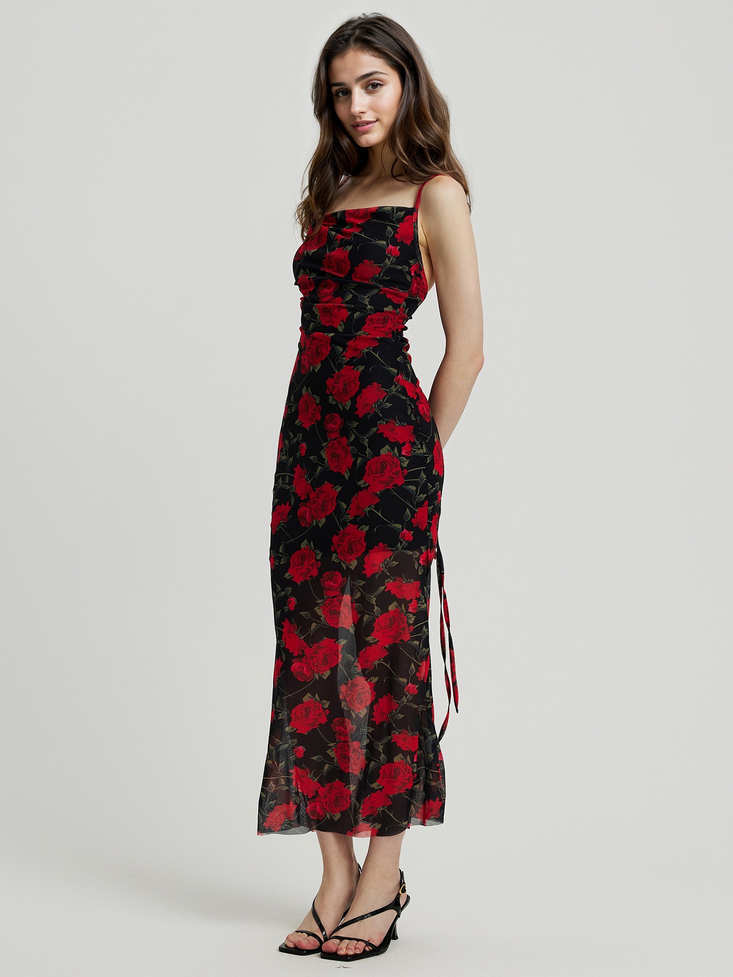 Long Gathered Sheer Cami Dress