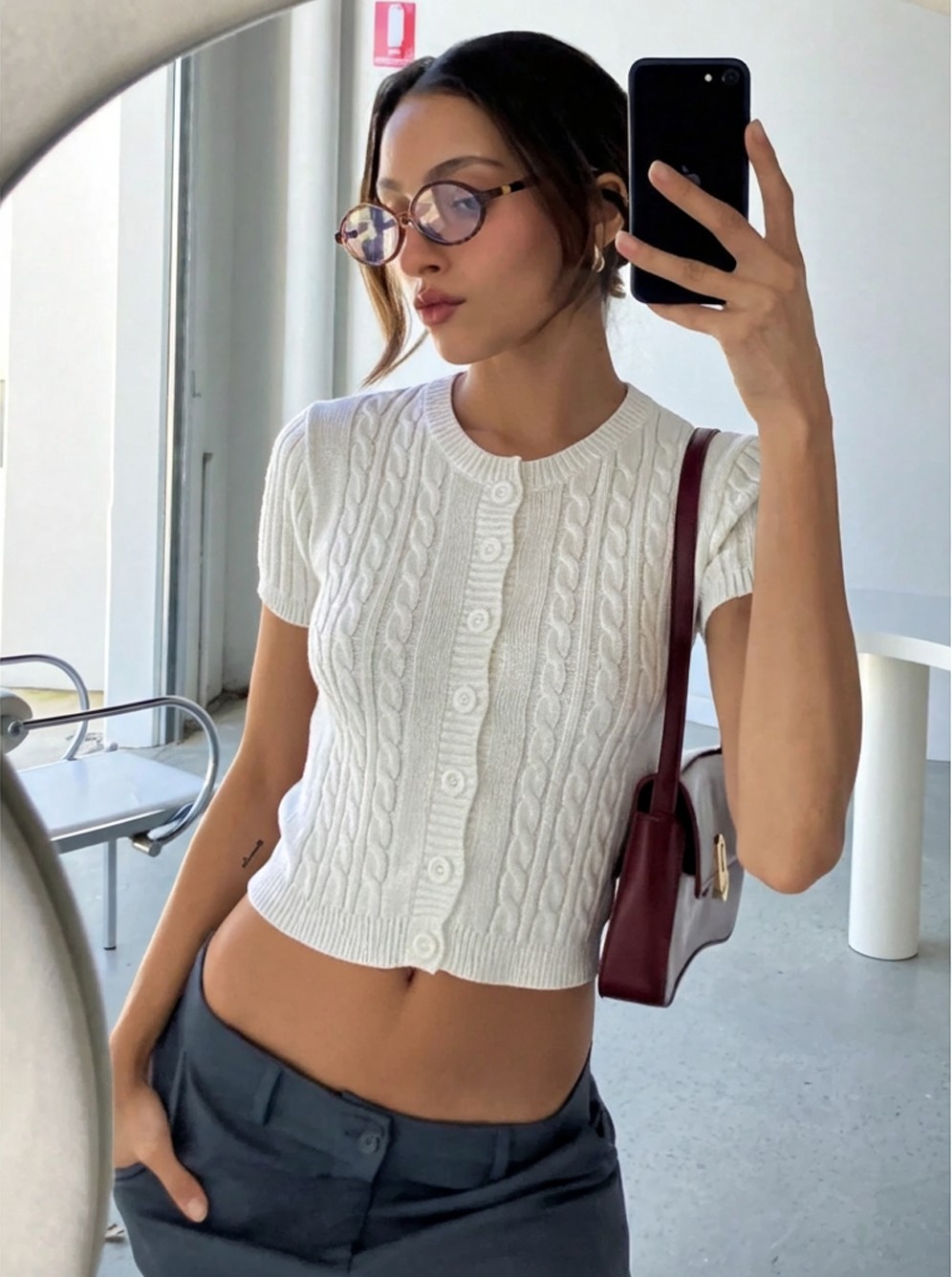 Cable Knit Button-Down Cropped Cardigan
