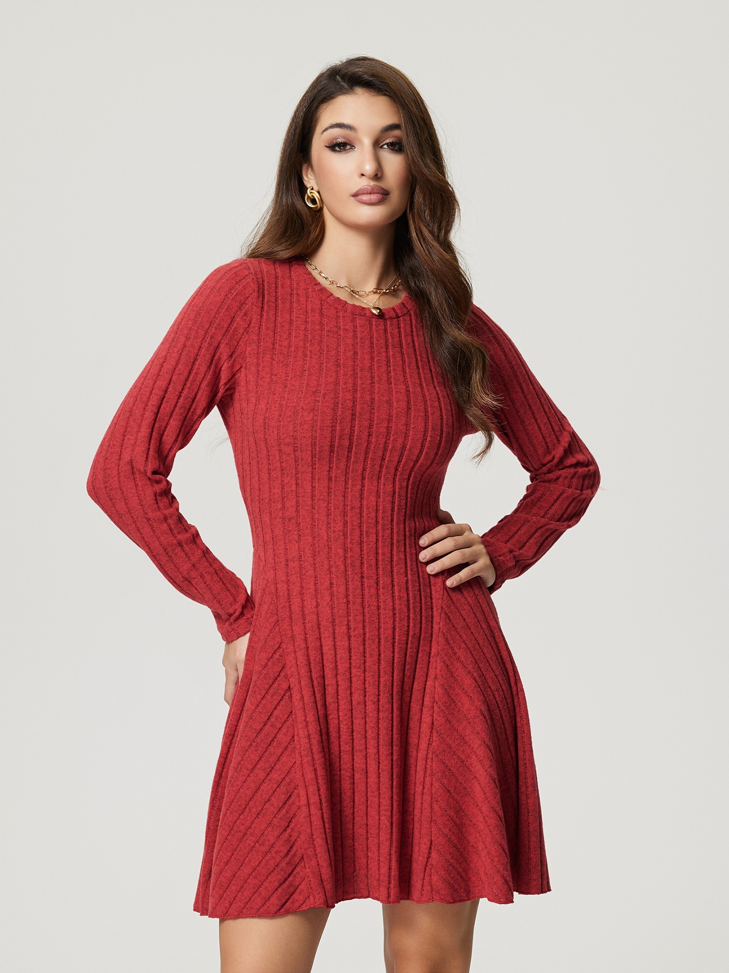 Rib-Knit Long Sleeve A-Line Dress