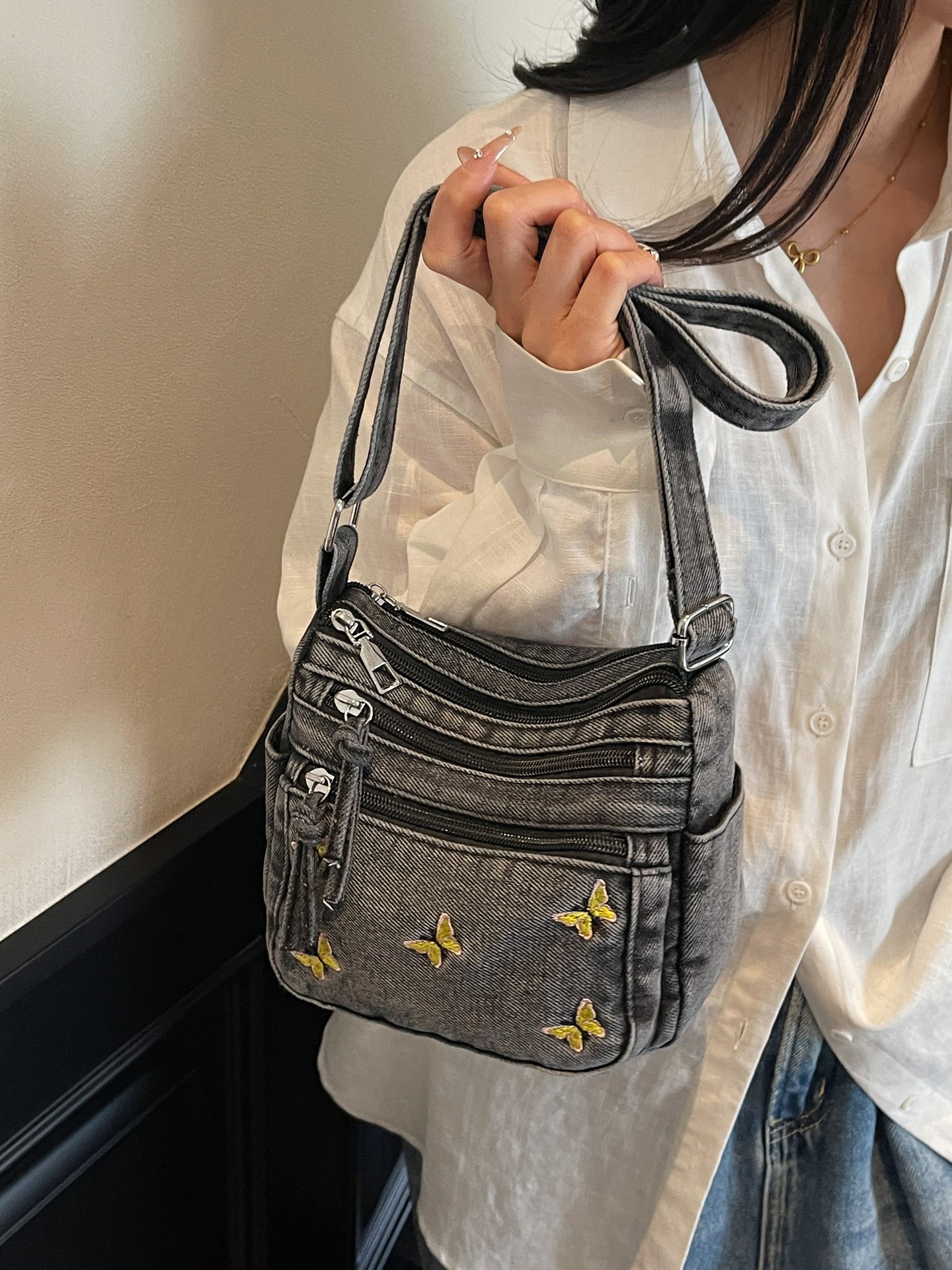 Embroidered Denim Crossbody Bag