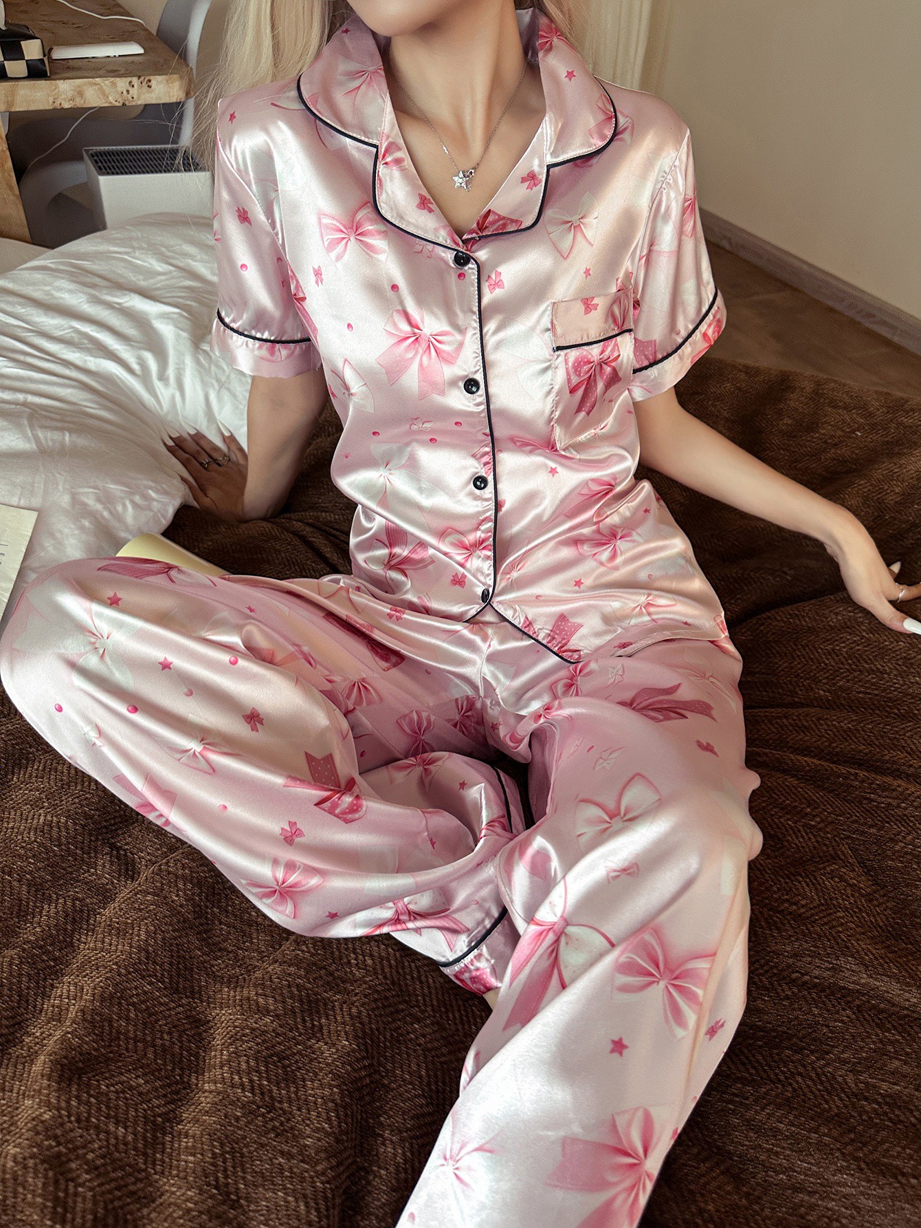 Delicate Allure Bow Print Satin Pajama Set