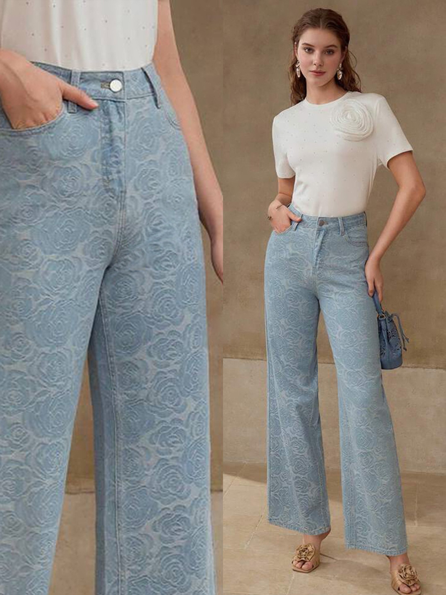 Rose Texture Fabric Straight Leg Jeans