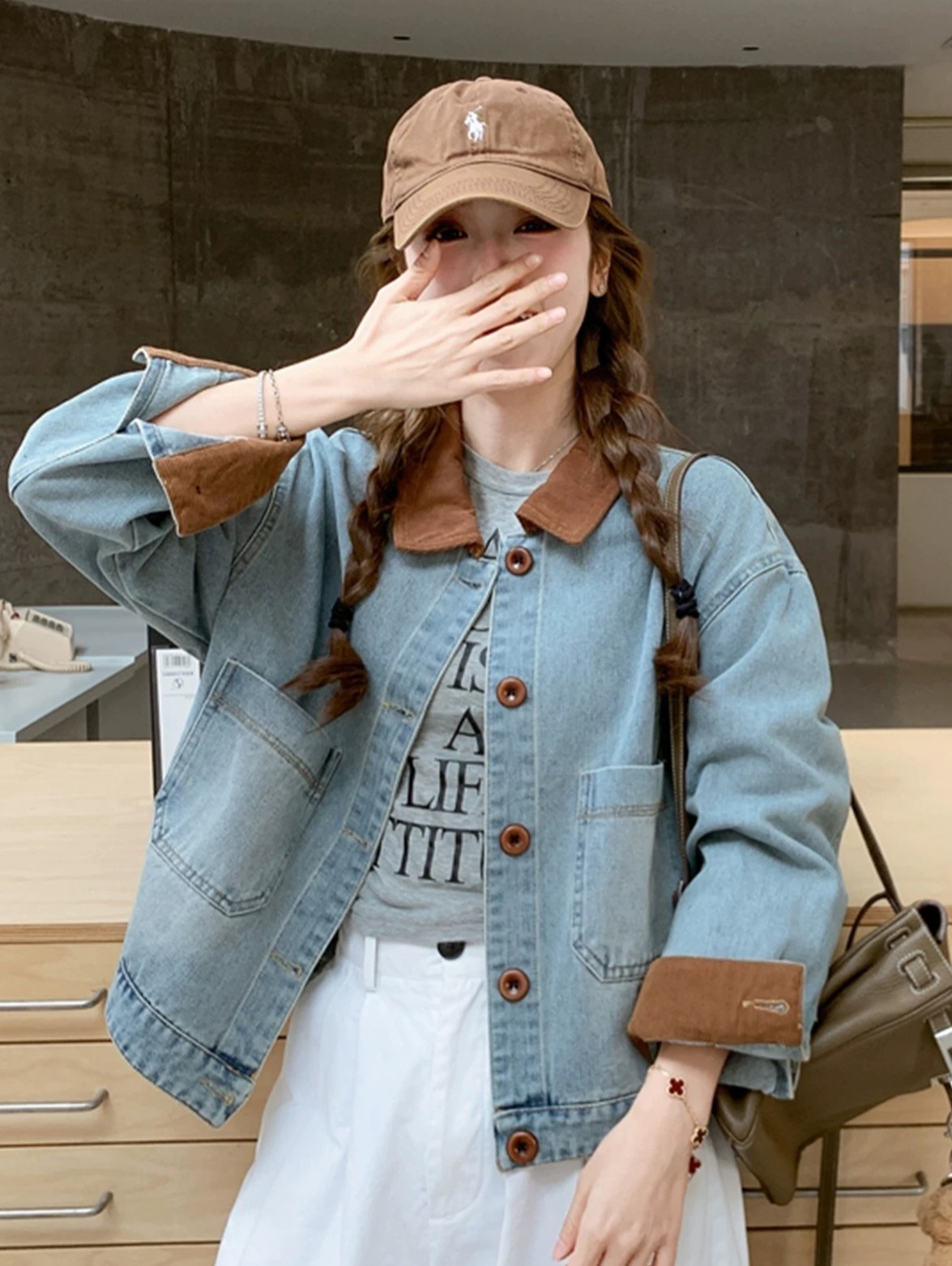 Streetwear Style Vintage Contrast Cuff Denim Jacket