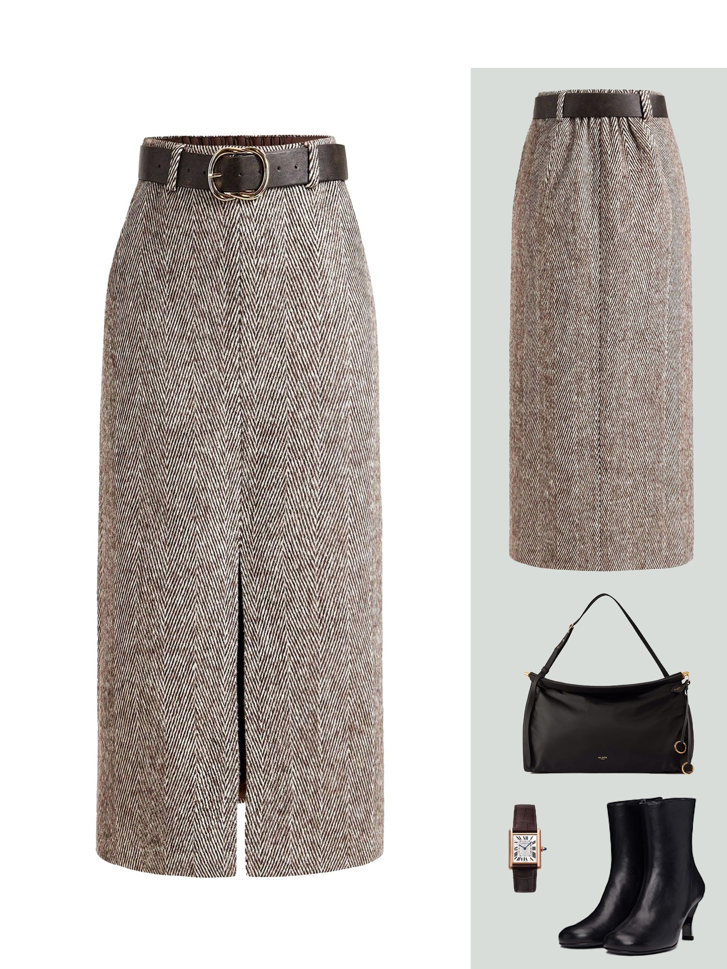 Herringbone Belted Straight Skirt