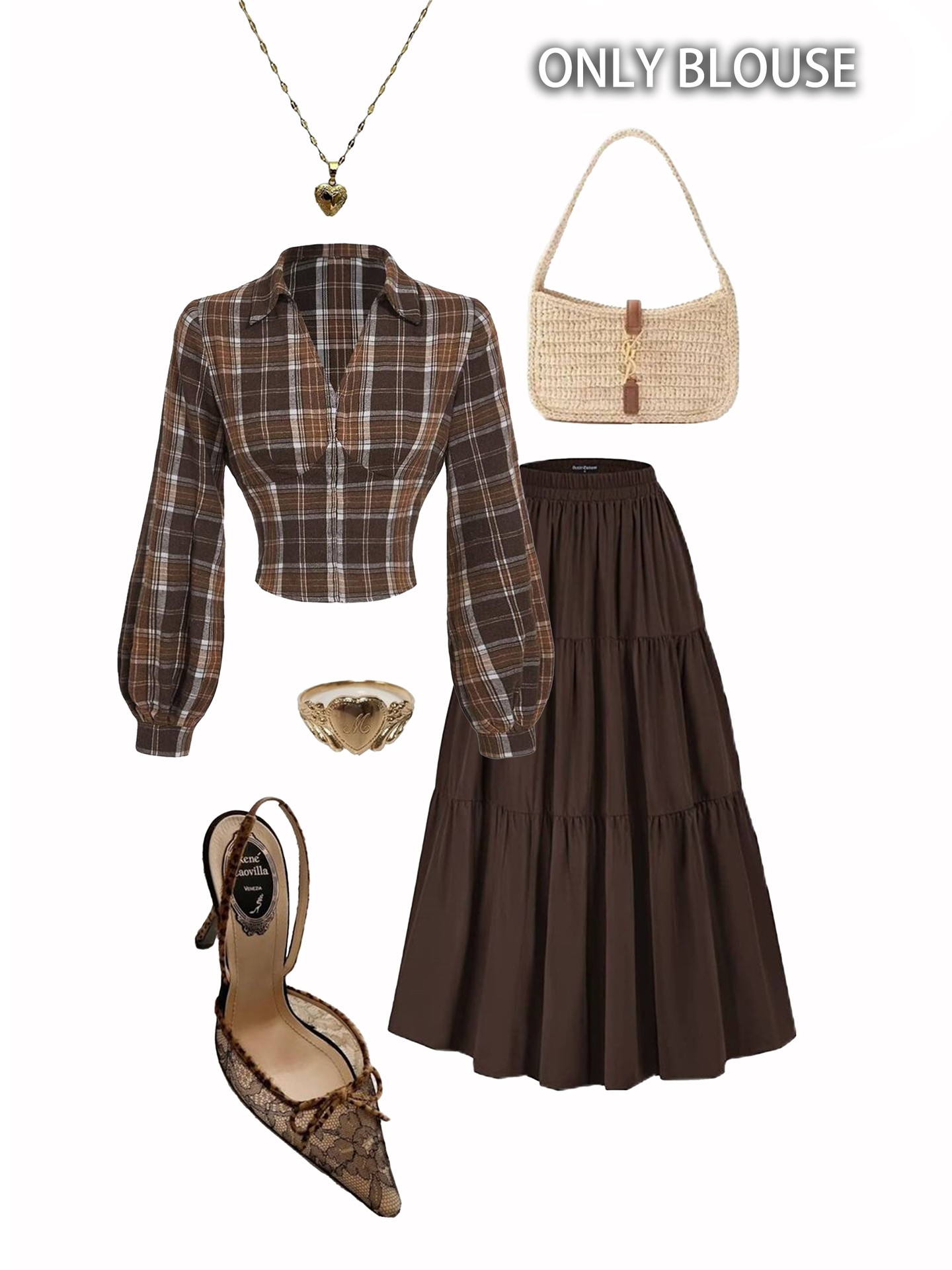 Brown Plaid Cropped Blouse with Puff Sleeves