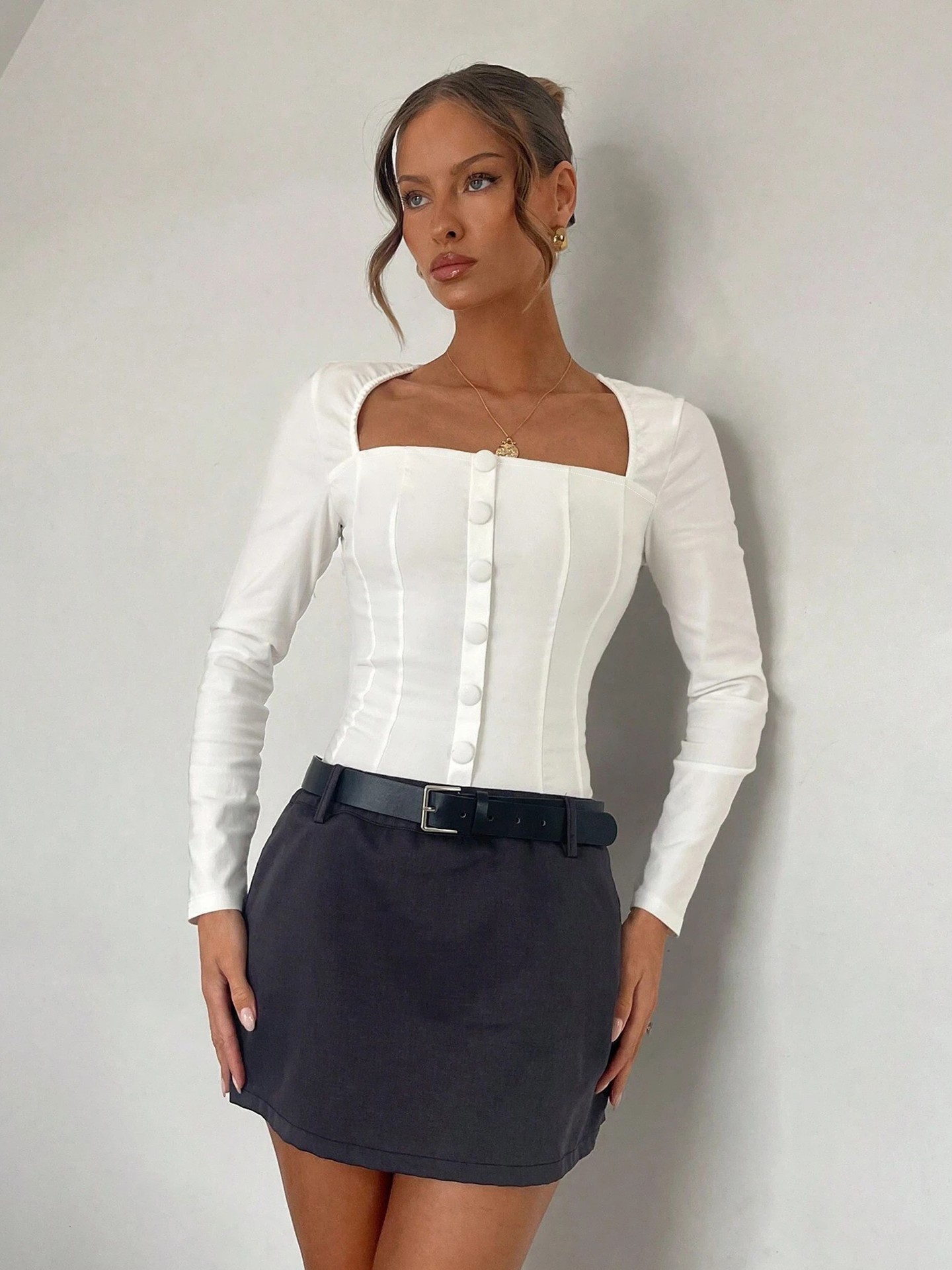 Square Neck Long Sleeve Corset Top