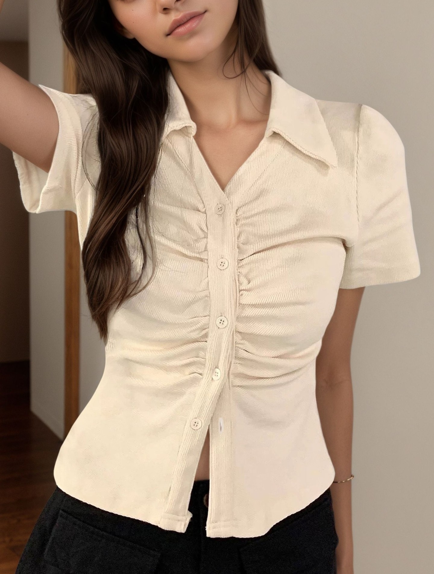 Casual Straight Sleeve Gathered Slim Fit top