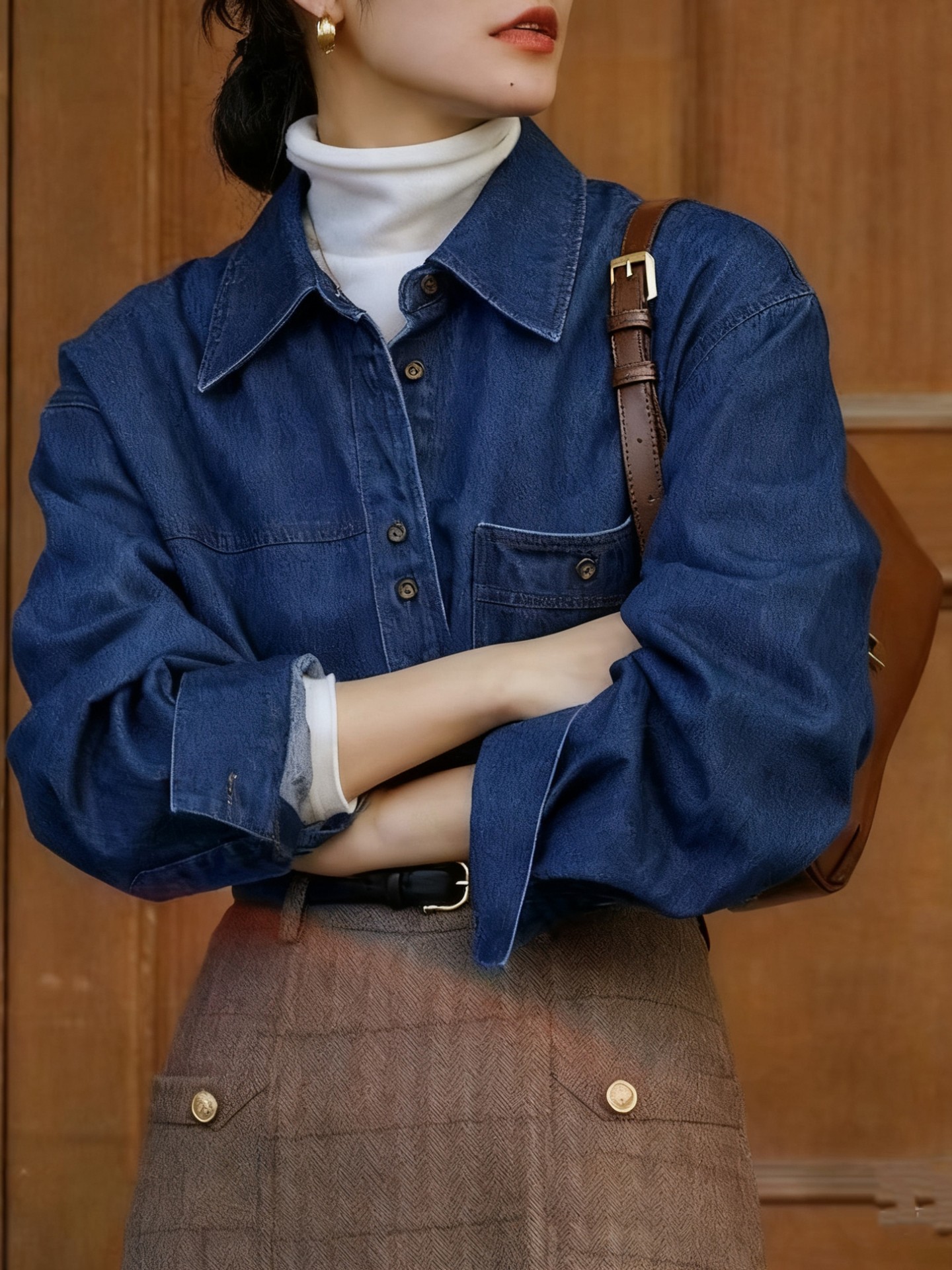 Casual Loose Fit Denim Dark Blue Blouse