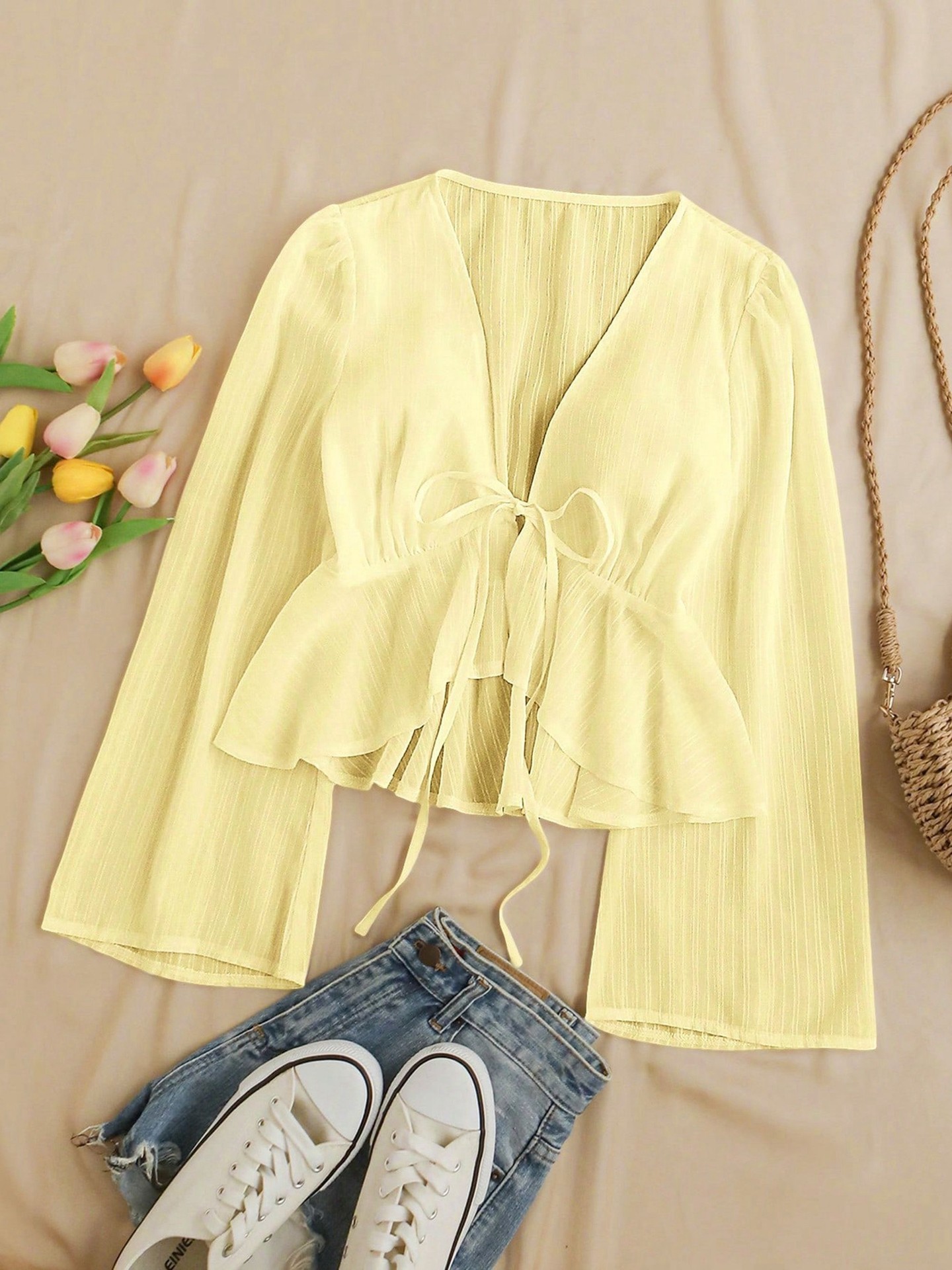 Tie-Waist Flared Sleeve Ruffled Cropped Blouse