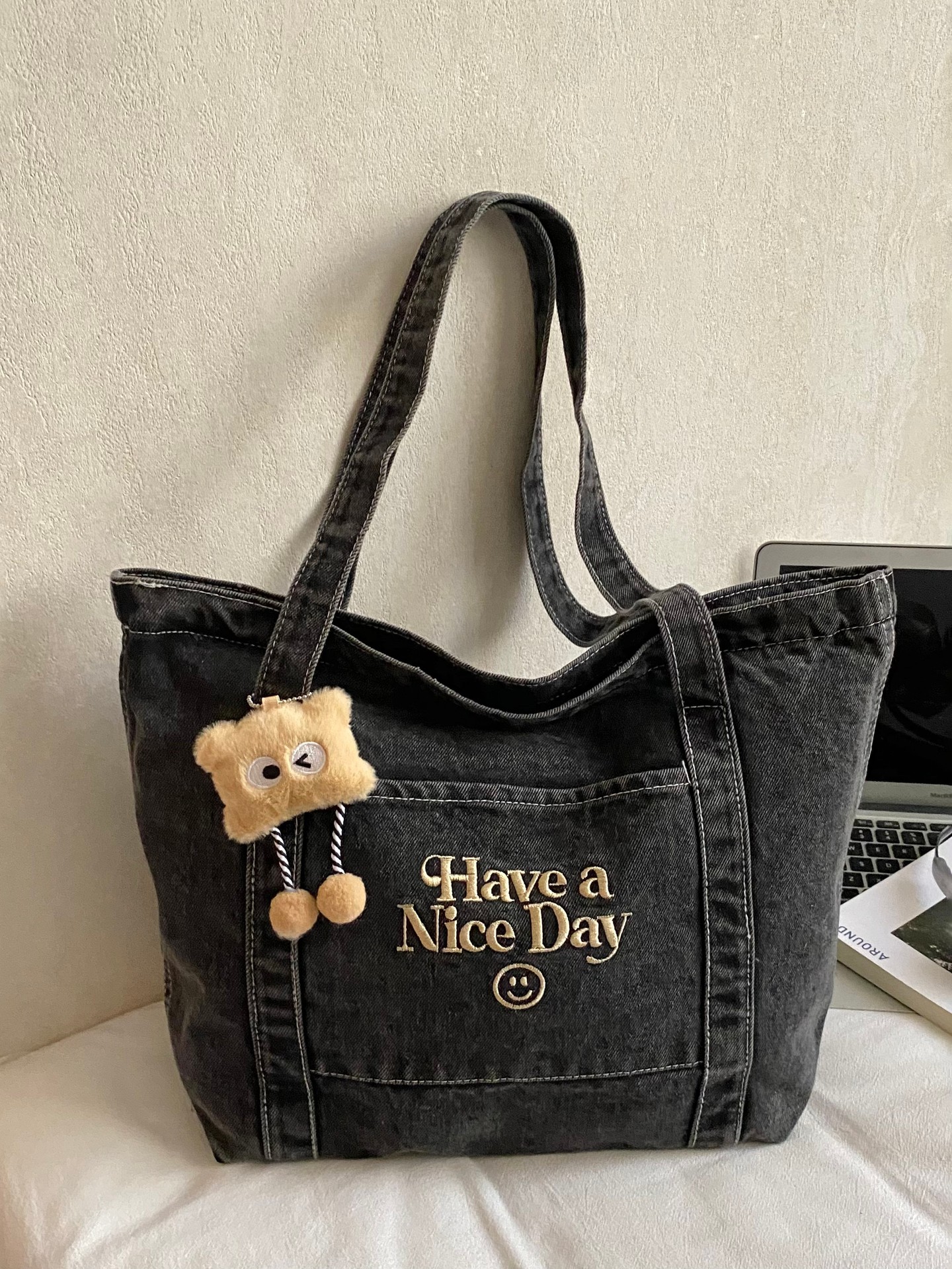 Washed Embroidery Denim Charm Shoulder Bag