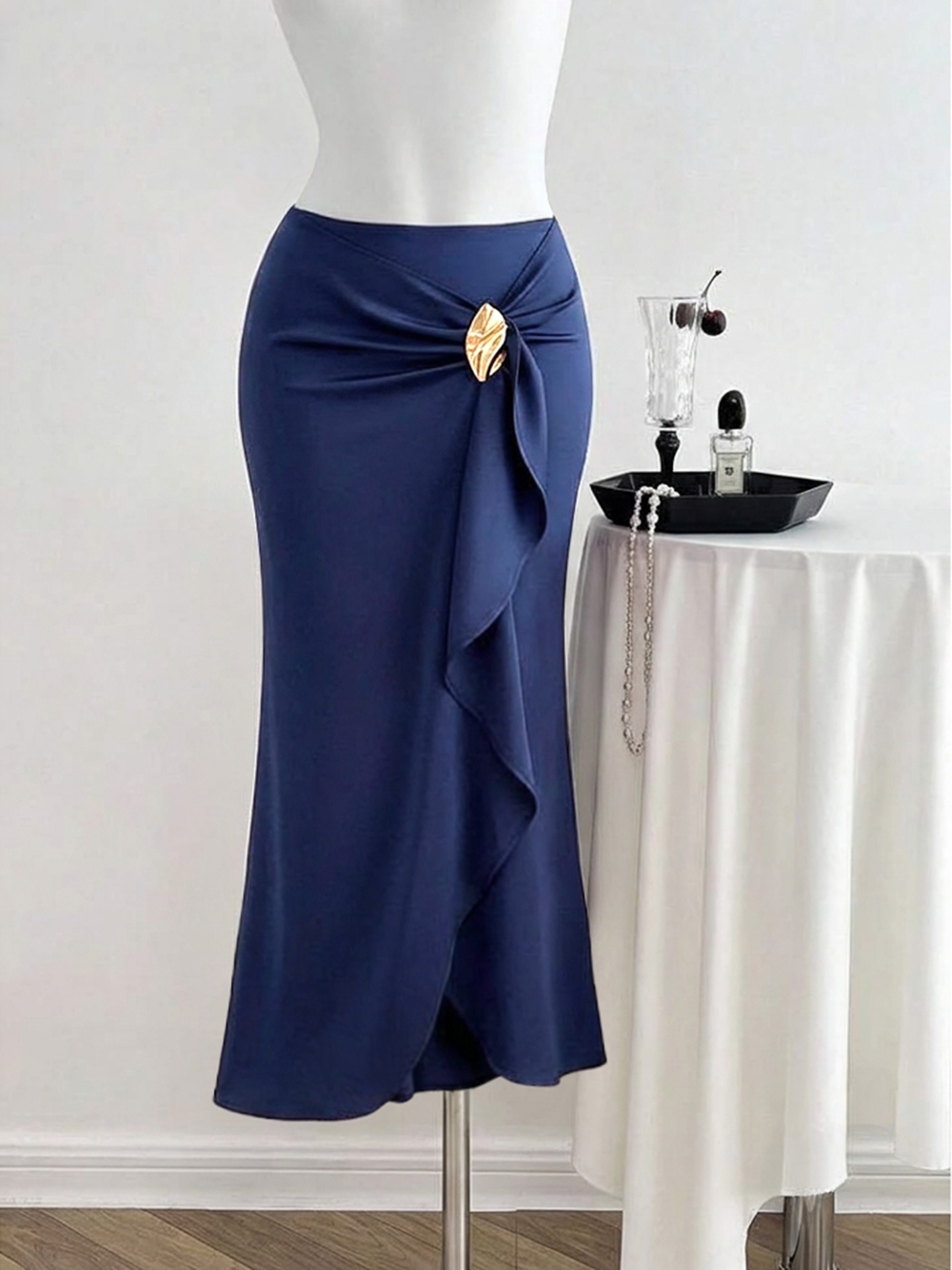 Satin-Look Asymmetrical Mermaid Skirt with Metal Accent