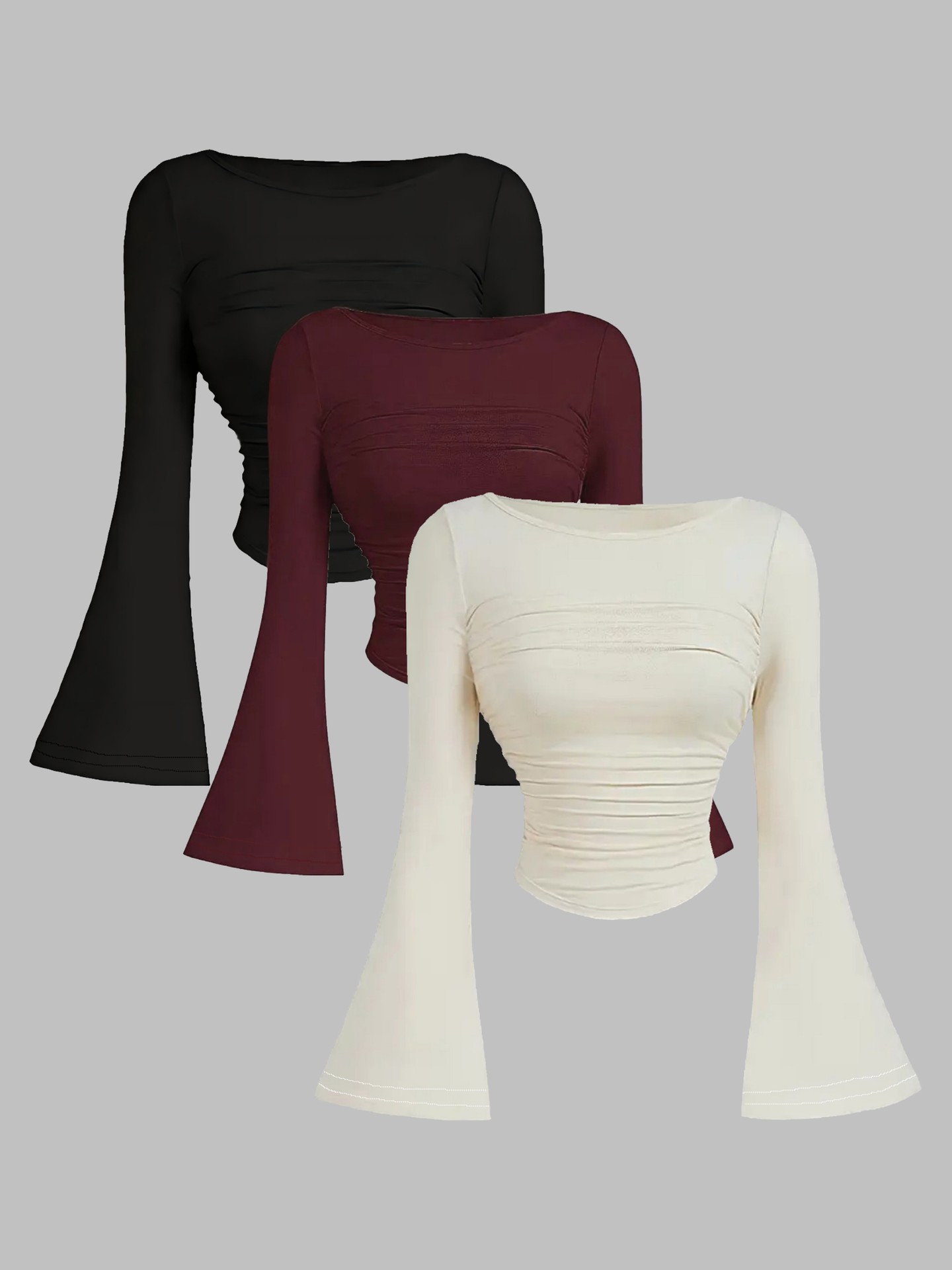 3pcs Gathered Bell Sleeve Top