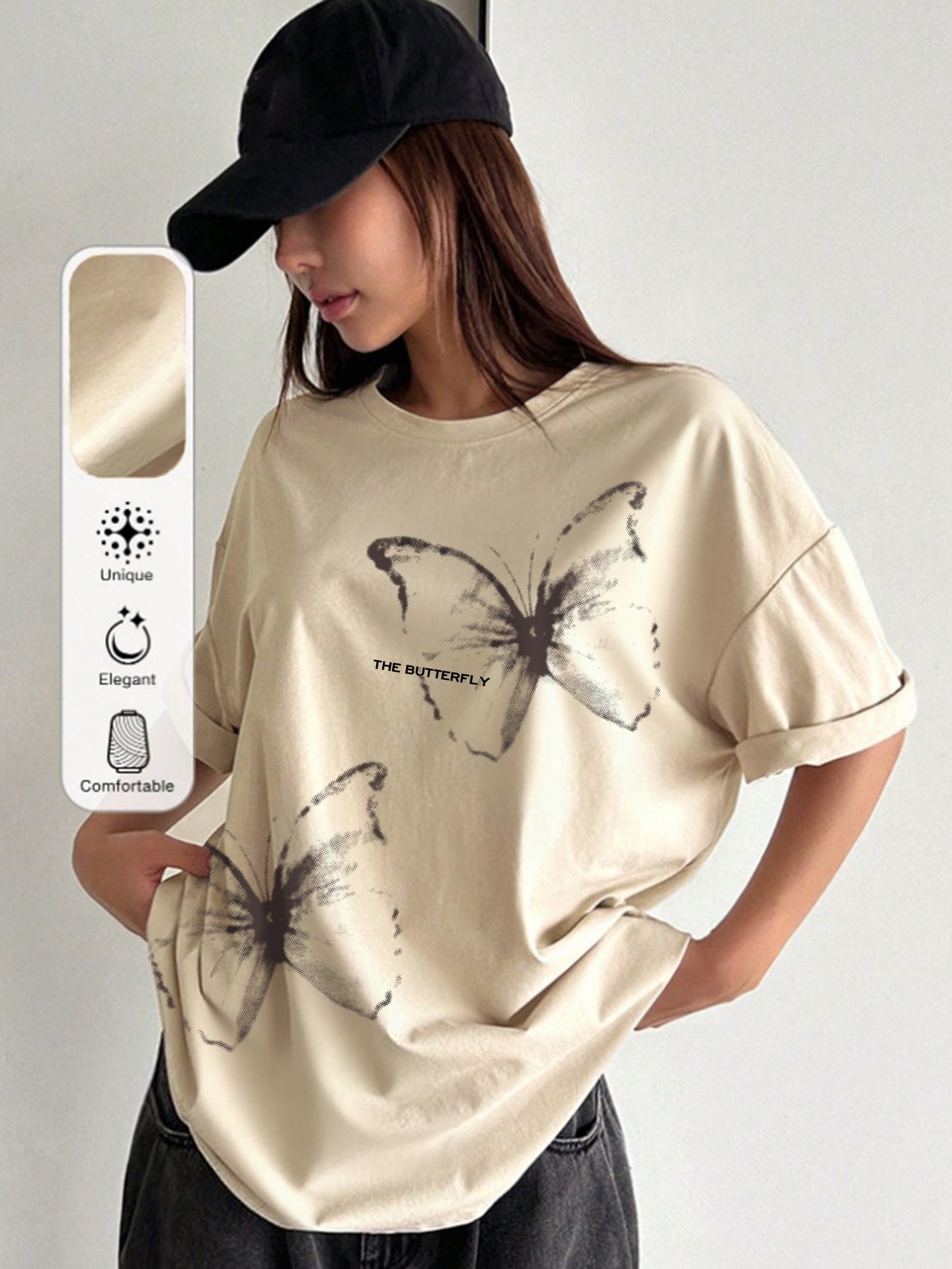 Slogan&Butterfly Printed Pullover T-Shirt