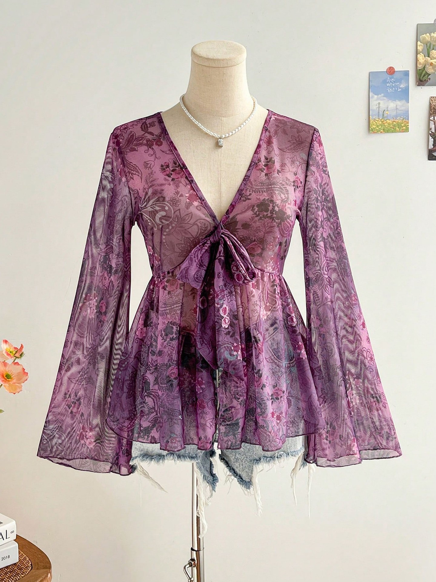 Boho Sheer Floral Tie-Front Top