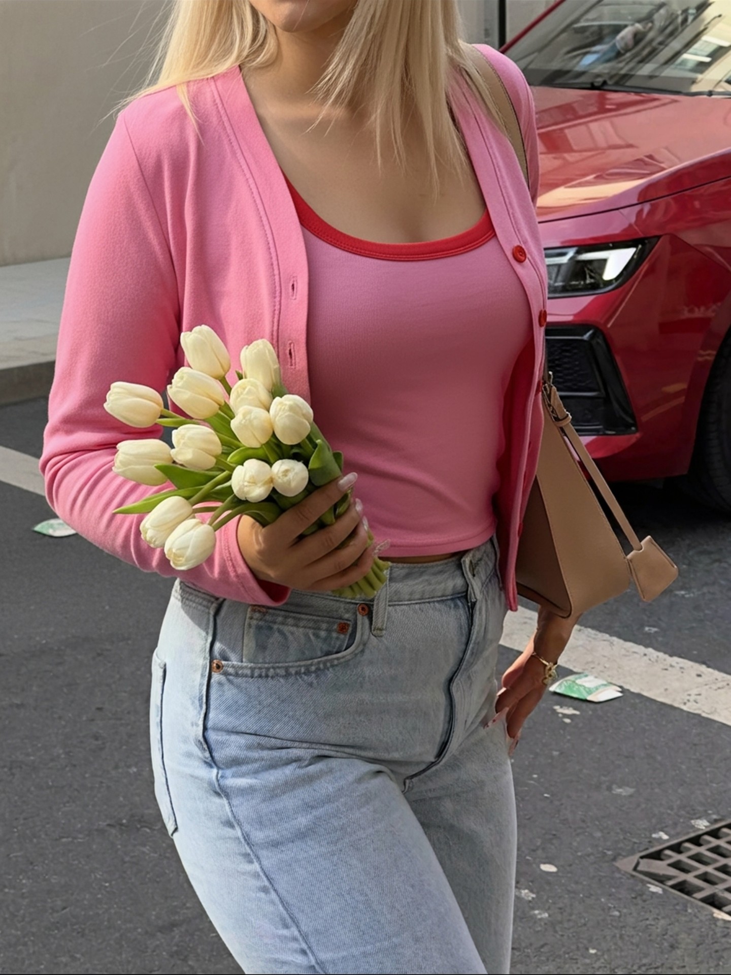Contrast Cami Top with Button-Down Cardigan