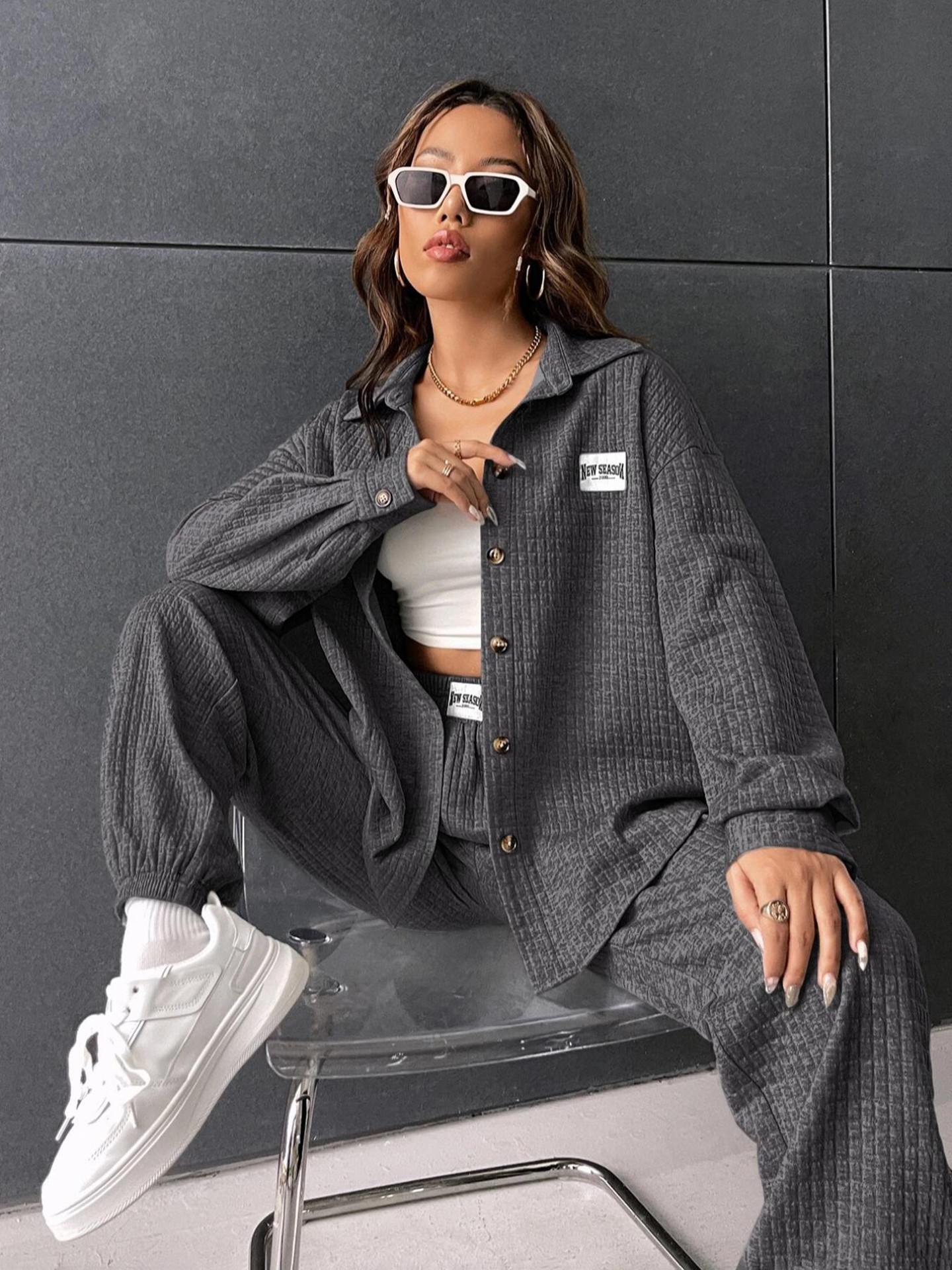 Cool-Girl Textured Dropped Shoulder Shirt Pant Co-ord Set