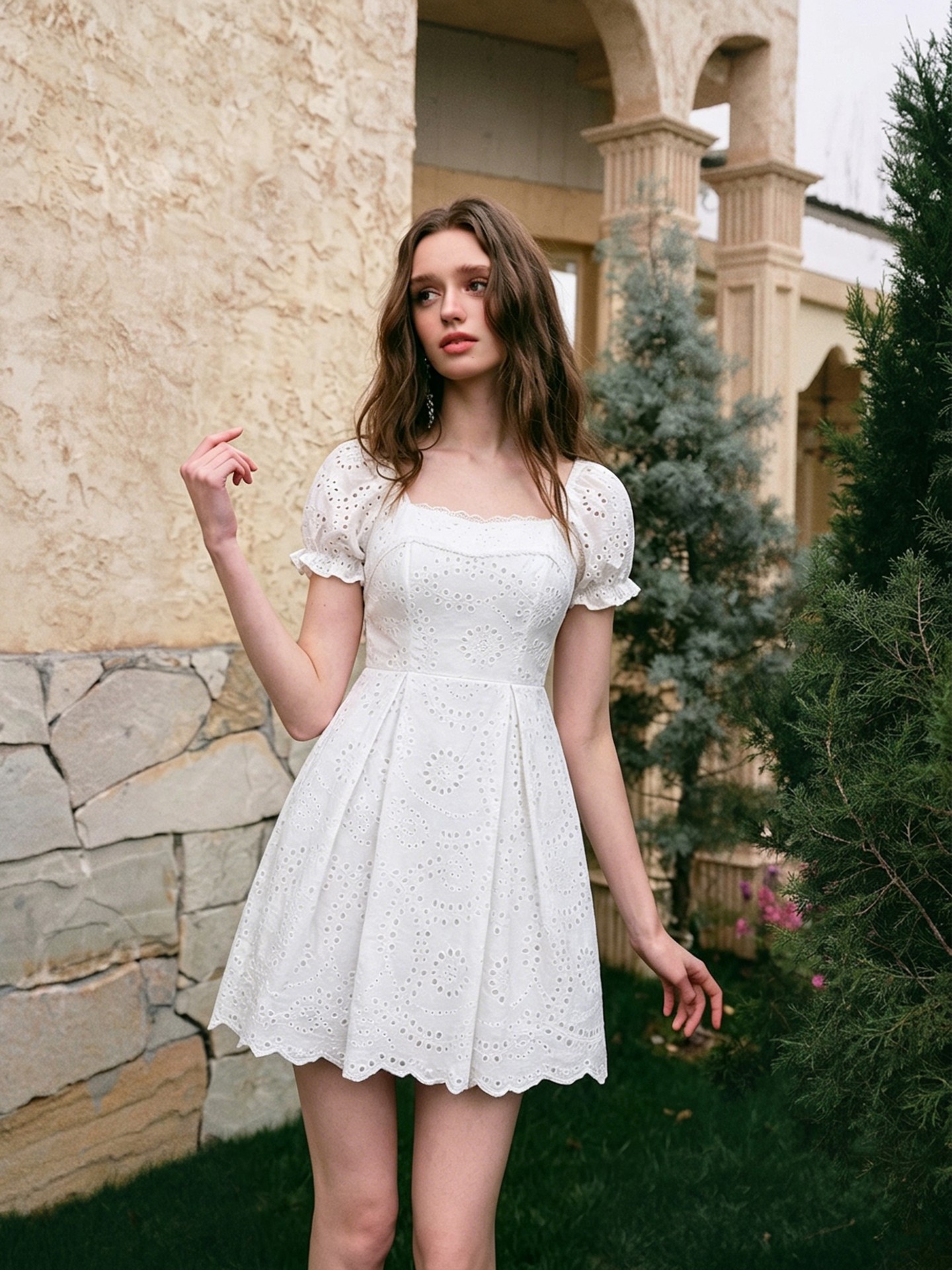 Cotton Broidery Puff Sleeve Dress