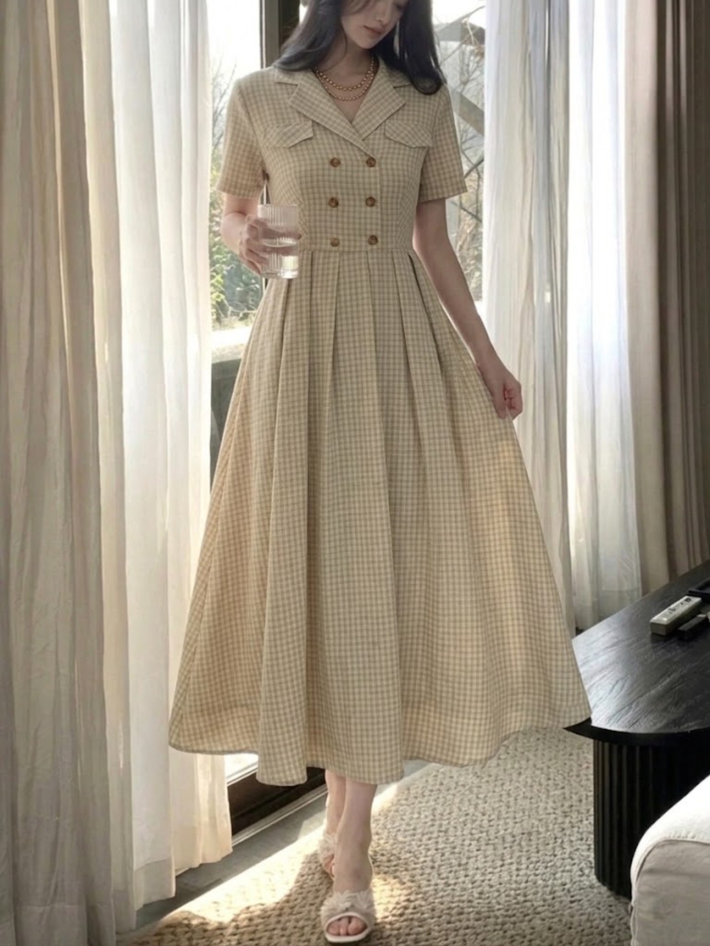Checked Linen-mix Dress