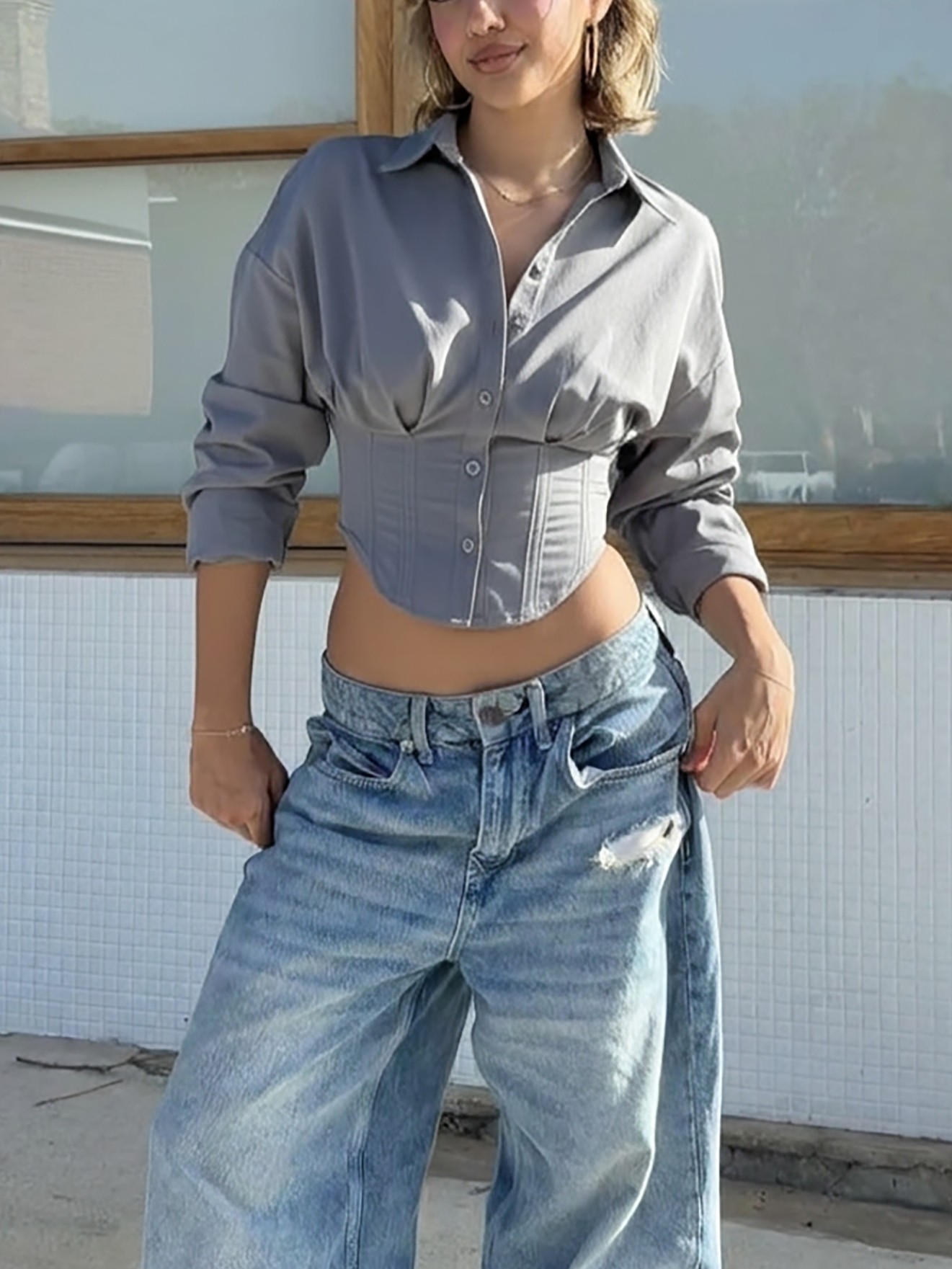 Minimalist Shirt Sleeve Gathered Straight blouse