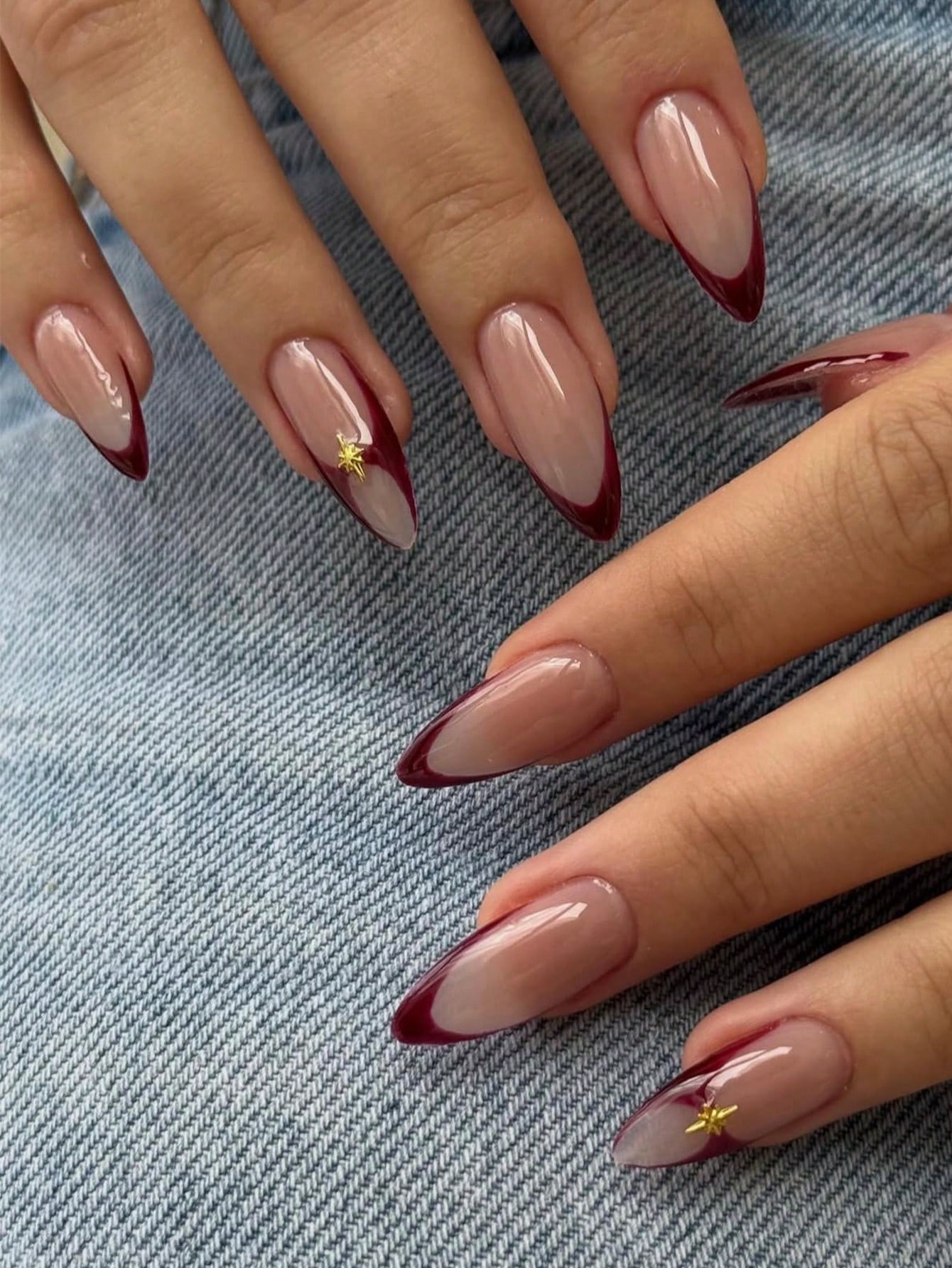 Burgundy&Color Block Artificial Nails