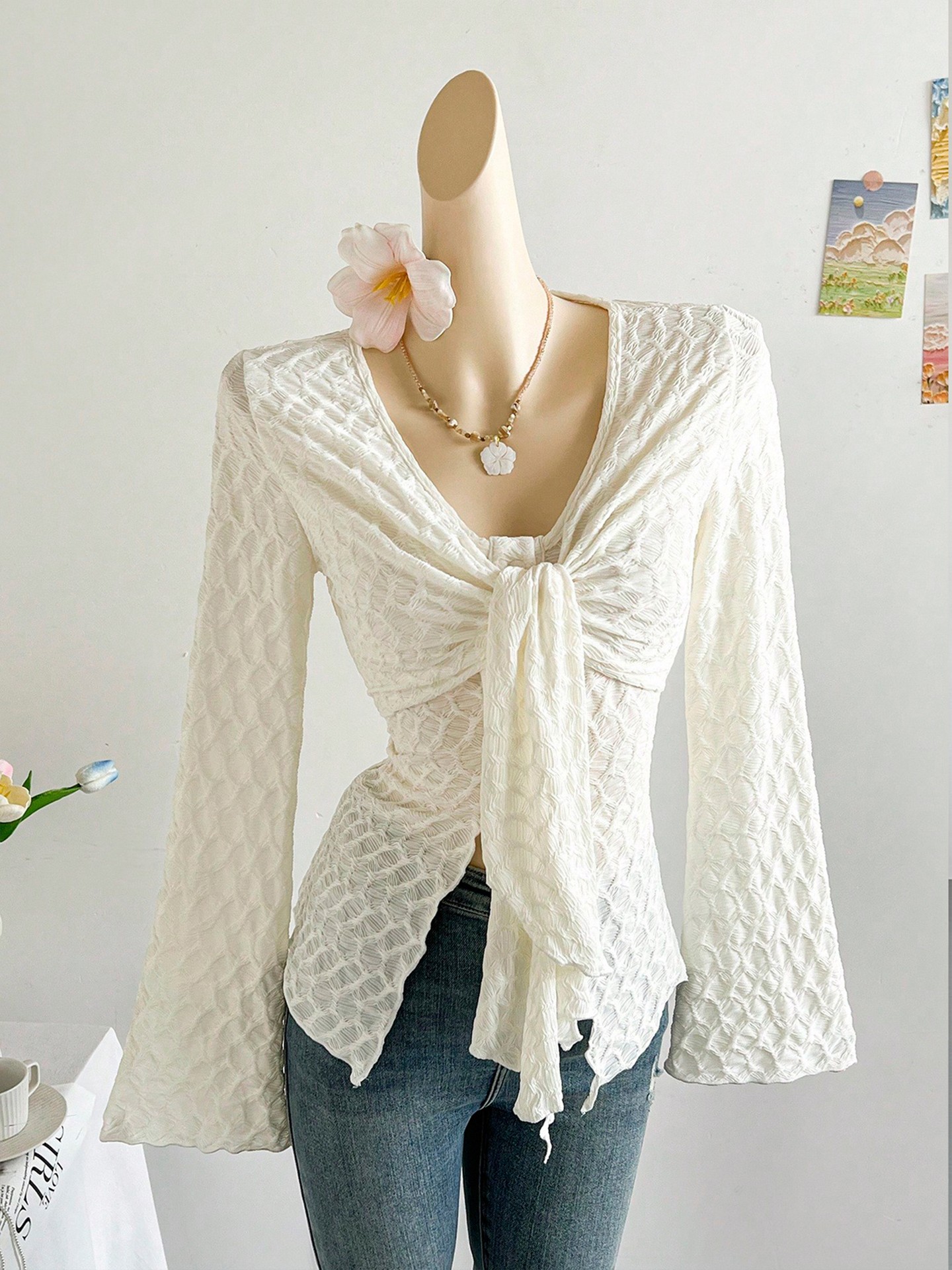 Knotted Textured Bell Sleeve Top