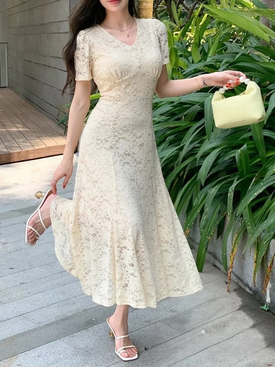 a line lace dress Lace-trimmed A-Line | Savana High Neck Open Back Best Sellers NH Week 43 2025 COLOR:Natural Long Sleeve Color