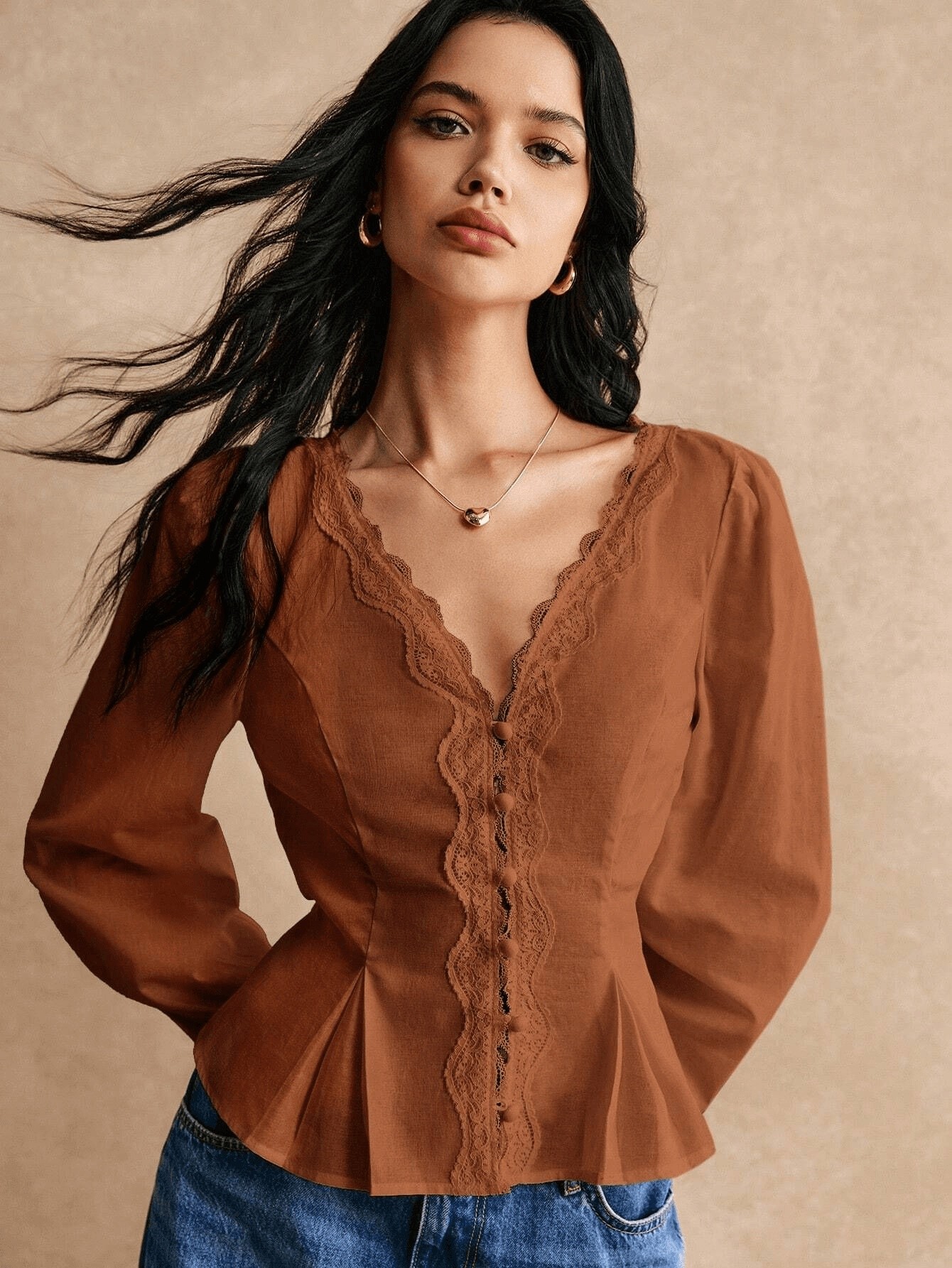 Vintage-Inspired Lace Trim V-Neck Peplum Blouse