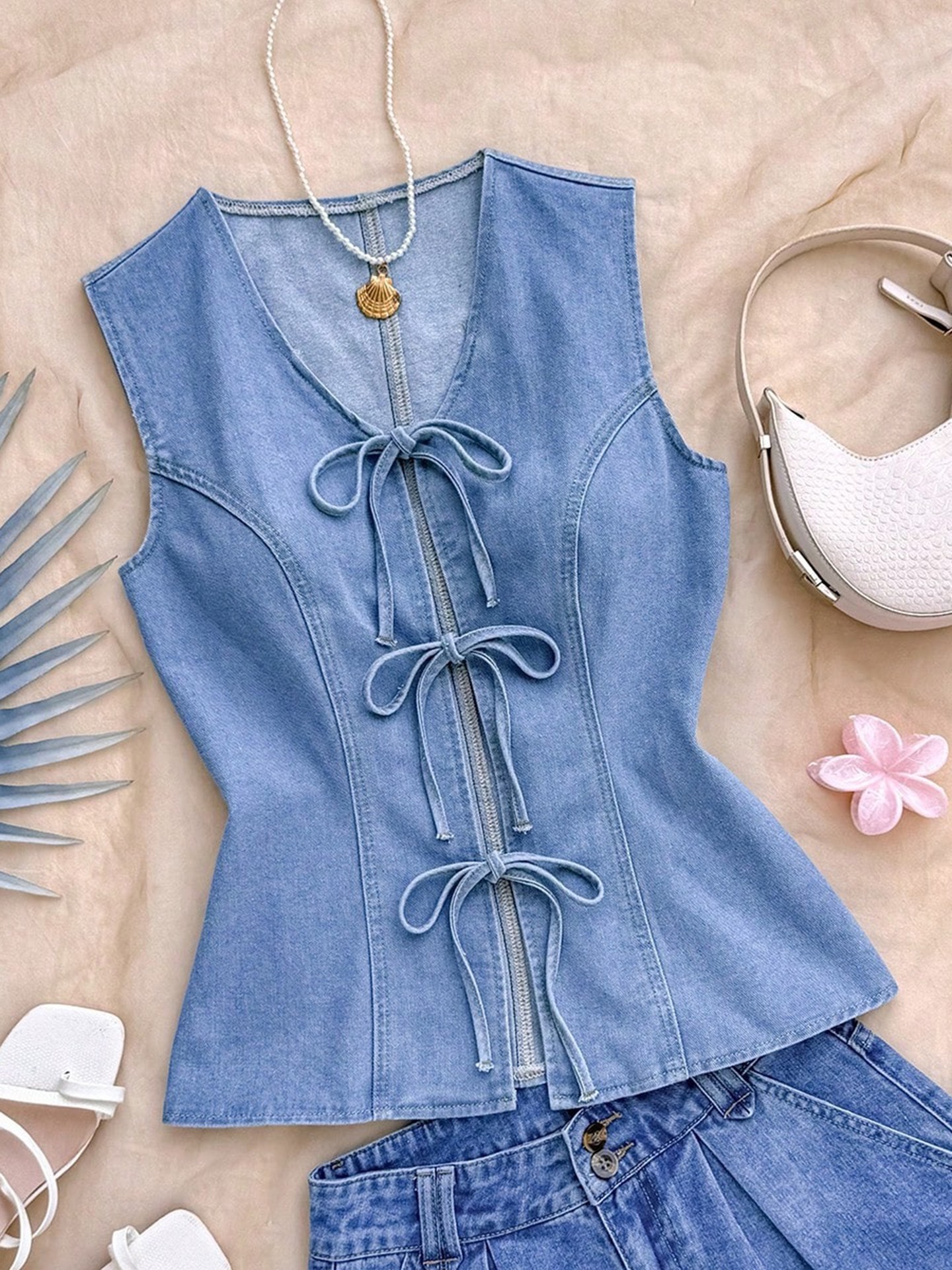 Summer Casual Front Tie Sleeveless Denim Tank Tops