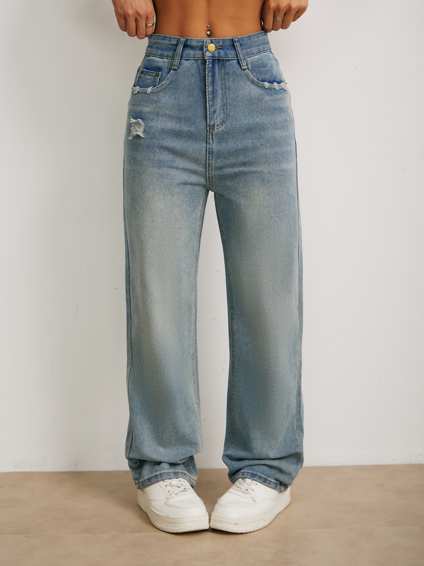 Patched Straight Leg Jeans