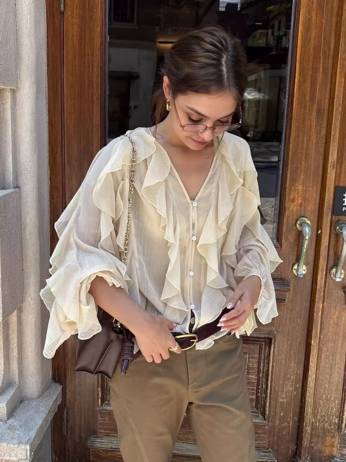 French Ruffle V-Neck Loose Blouse