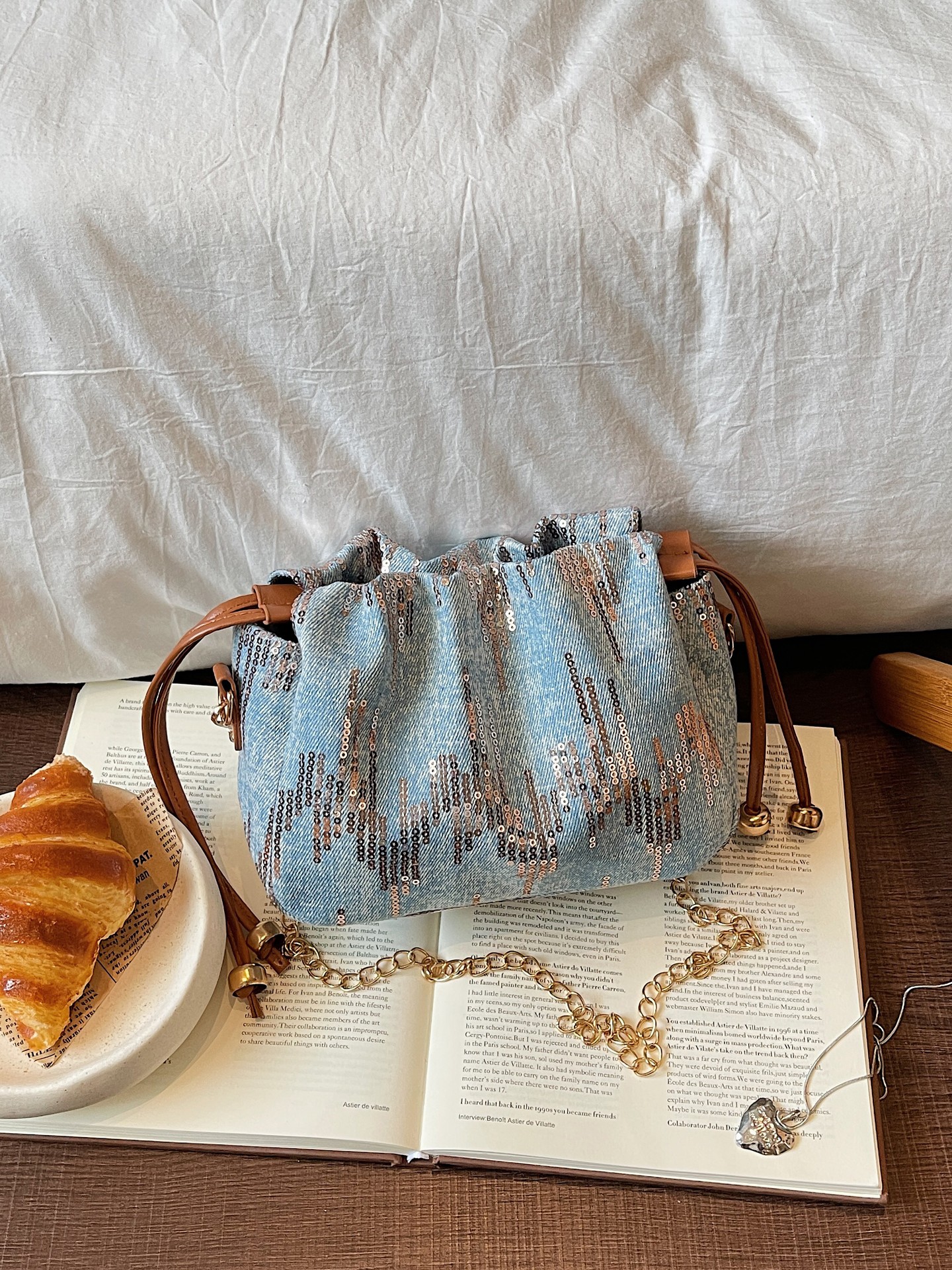 Sequin Detail Denim Crossbody Bag