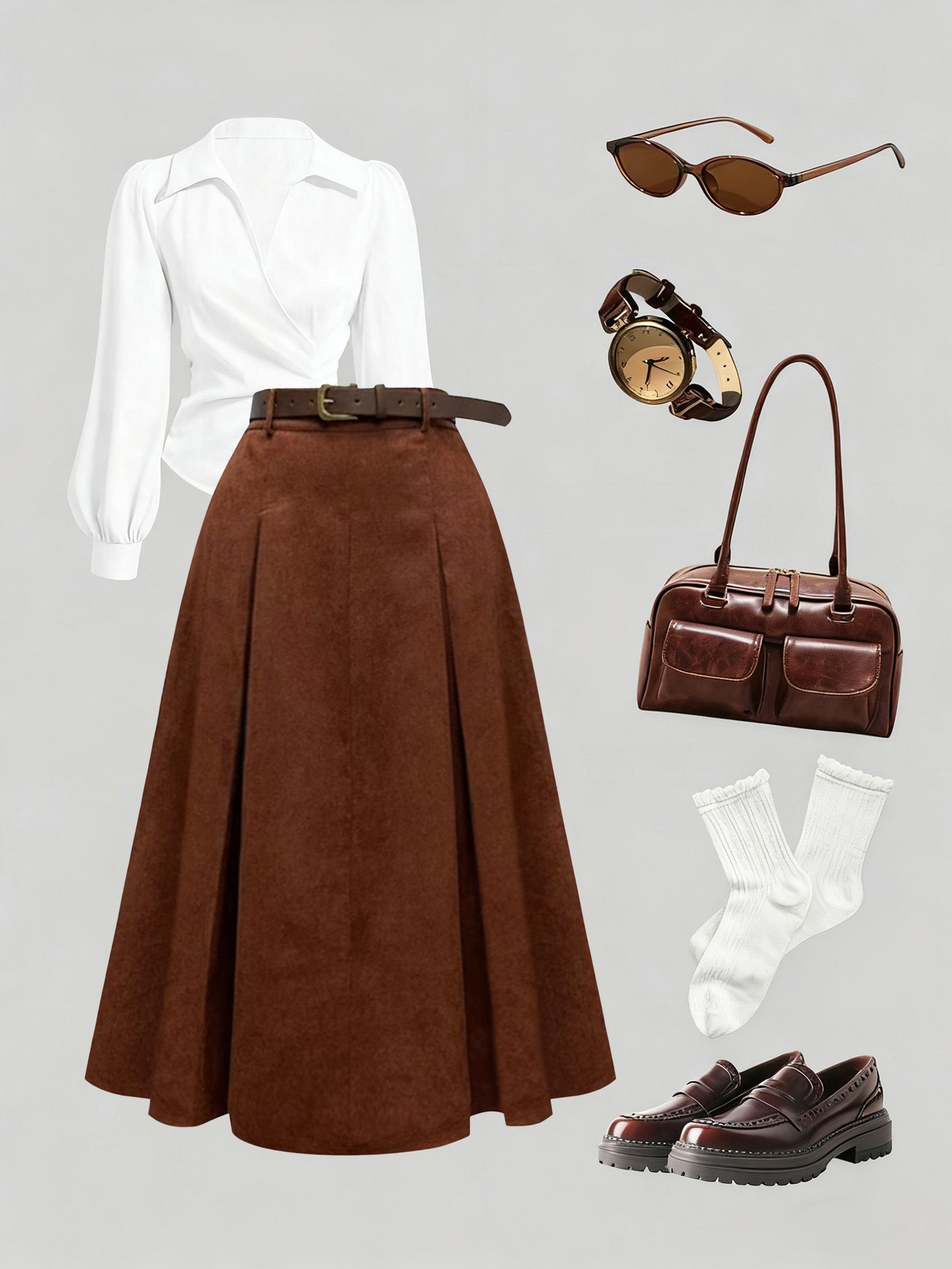 Corduroy Pleated Skirt With Belt
