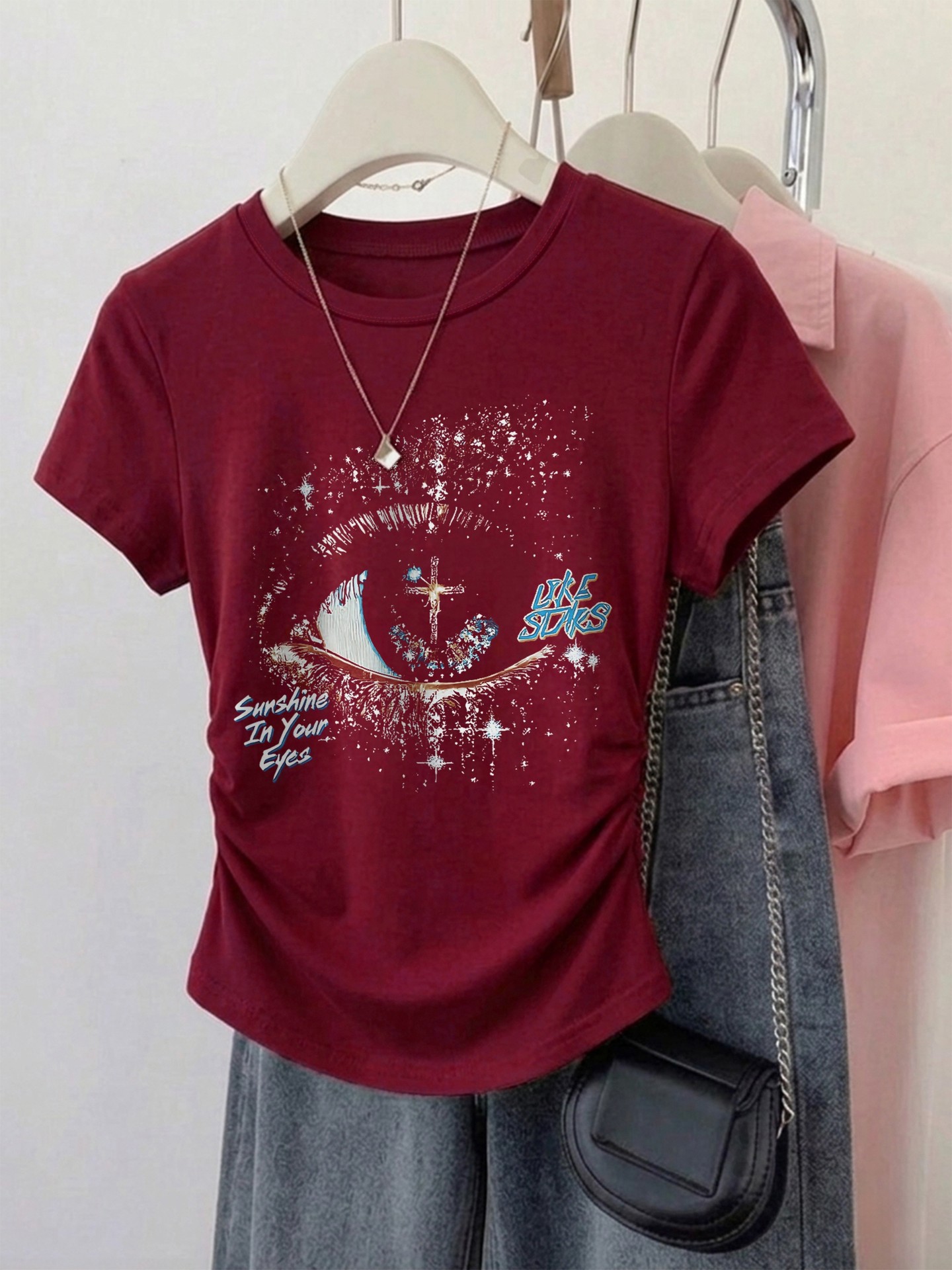 Retro Print Gathered Pullover T-Shirt
