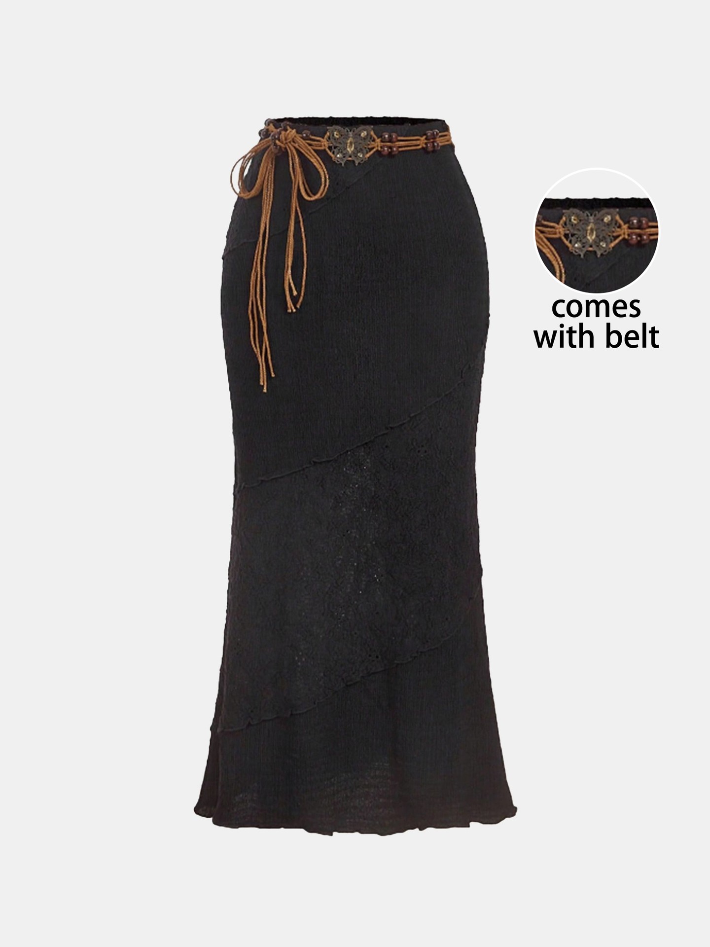 Boho Chic Black Mermaid Skirt with Decorative Brown Belt