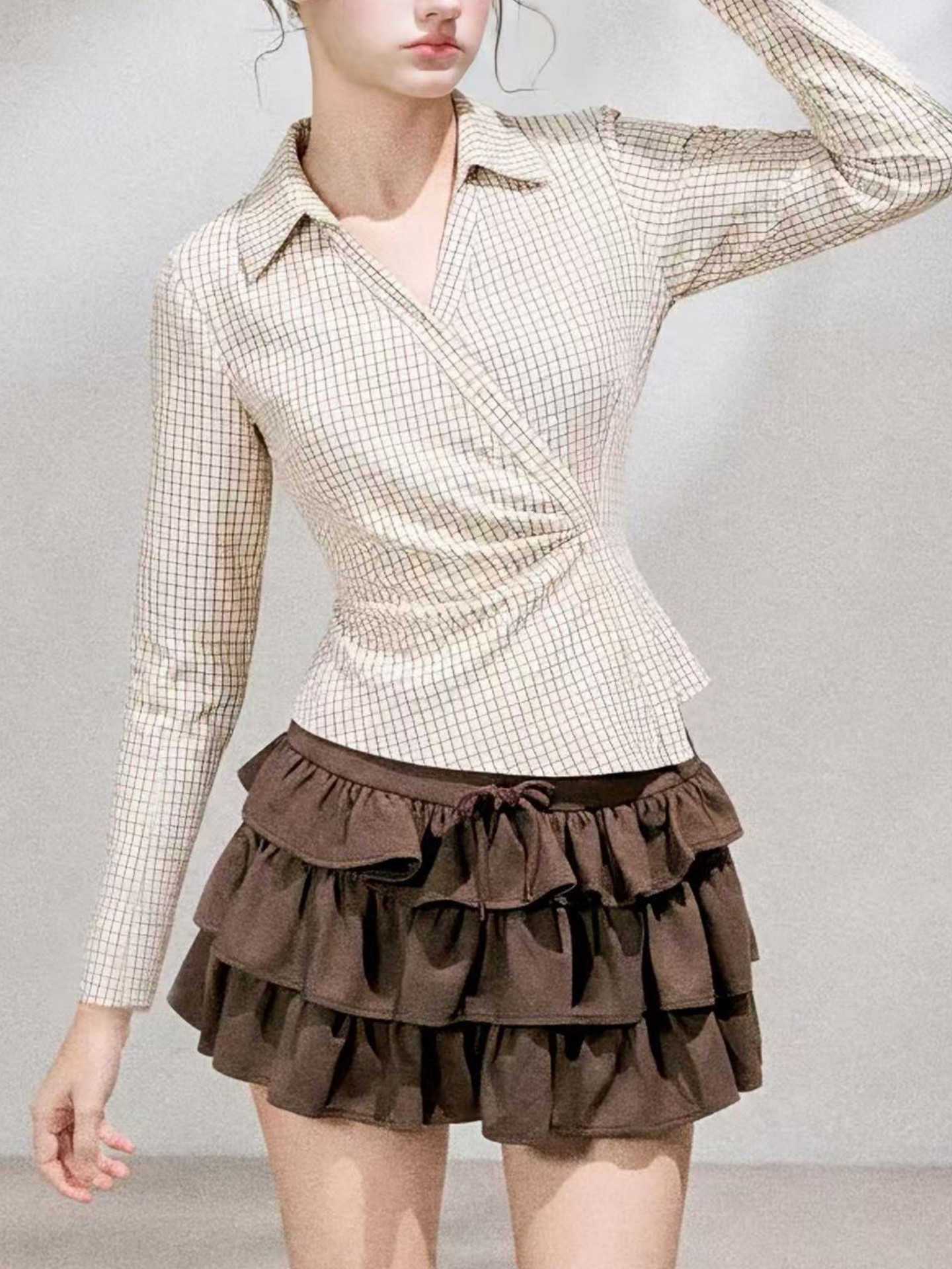 Grid Wrap Blouse(Y2K & Preppy Chic Style)