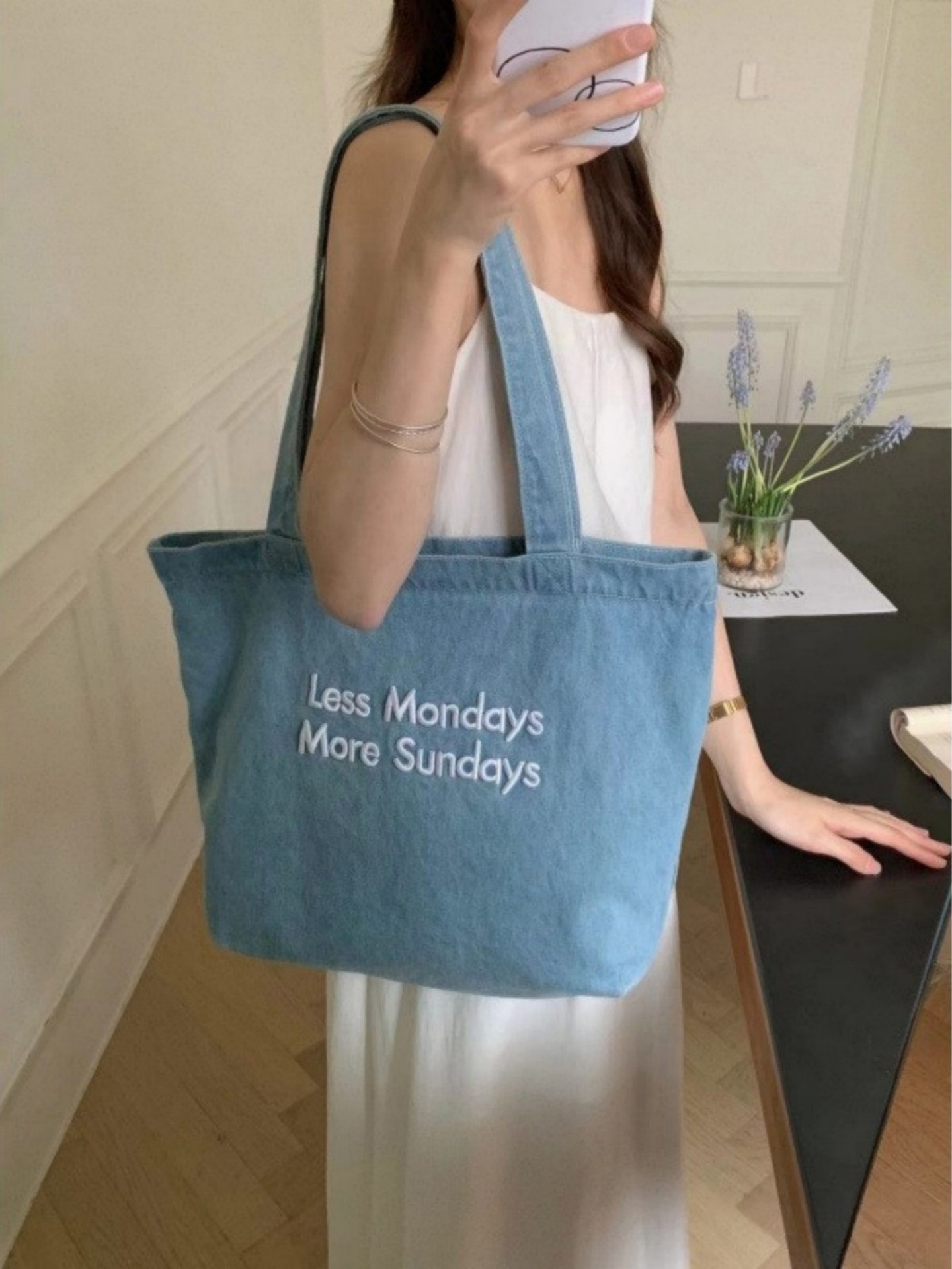 Embroidered Denim Tote Bag