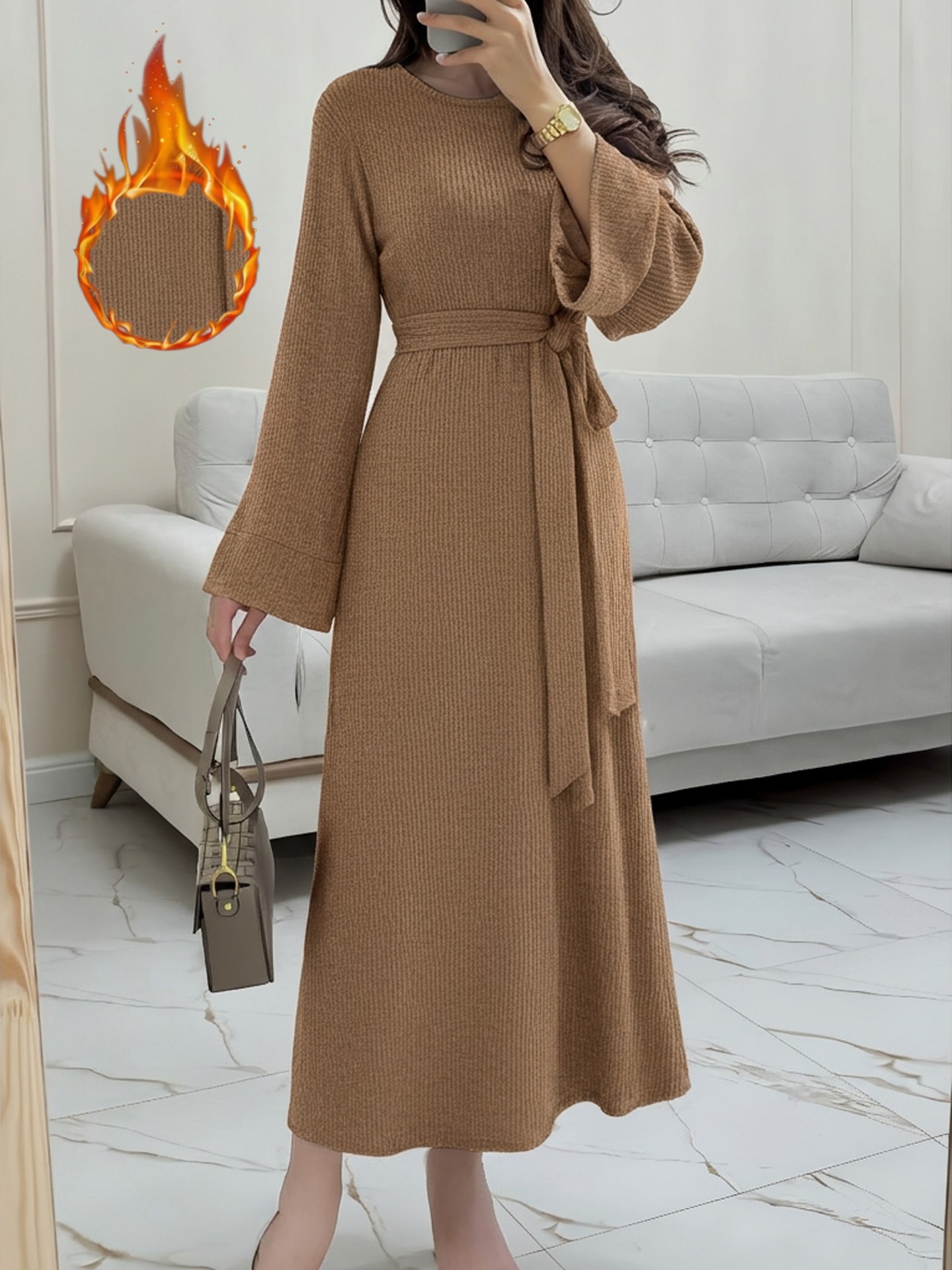 Winter Ribbed Belted A-Line Dress