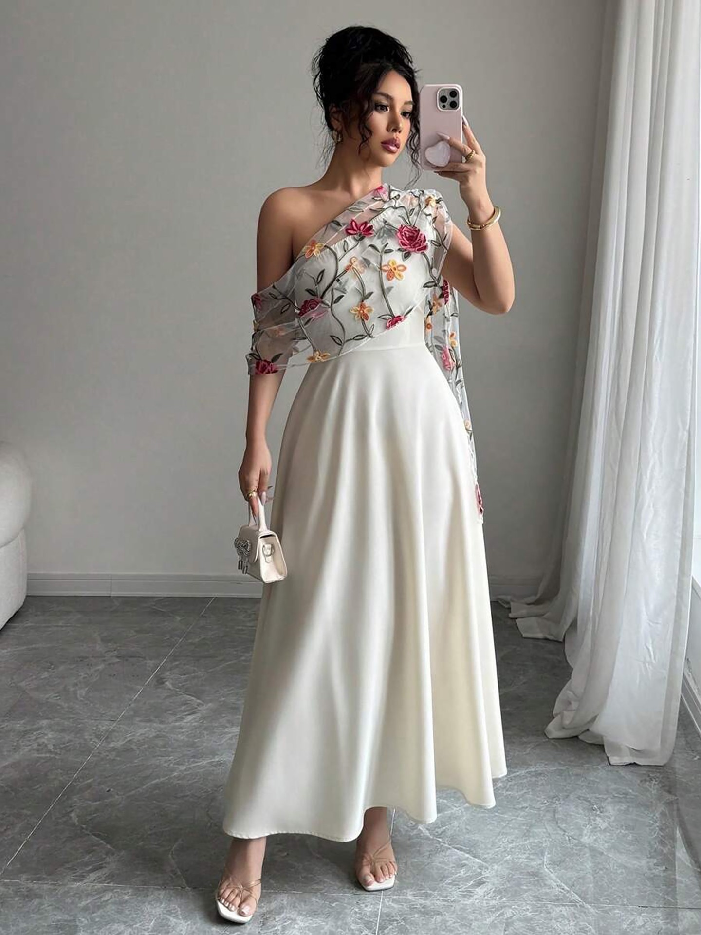 Vacation A-Line Embroidered One Shoulder Maxi Dress