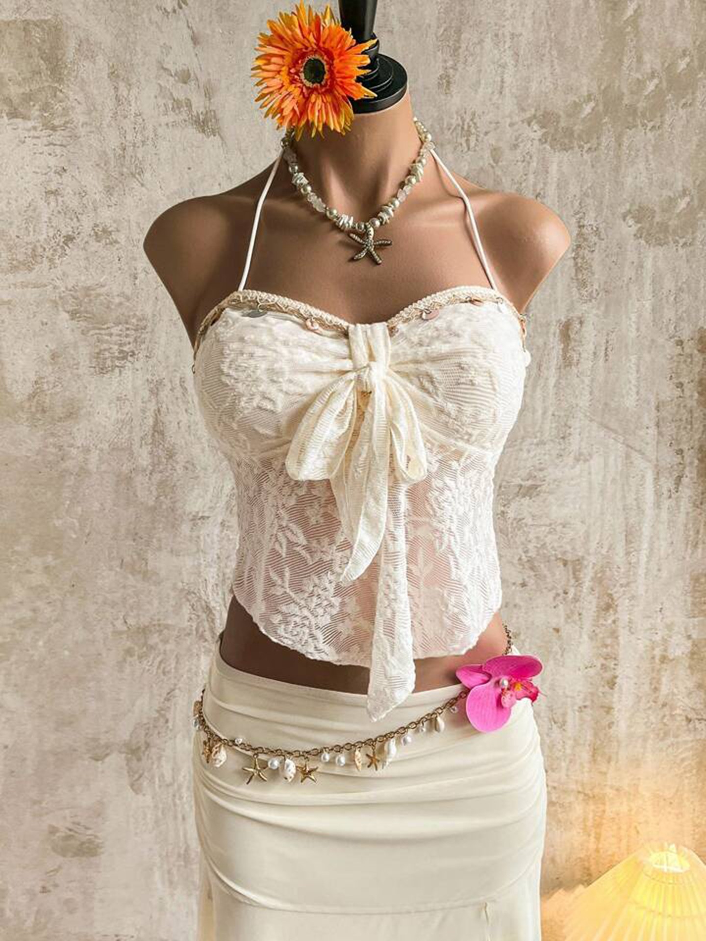 Seashell Lace Tie-Front Halter Top