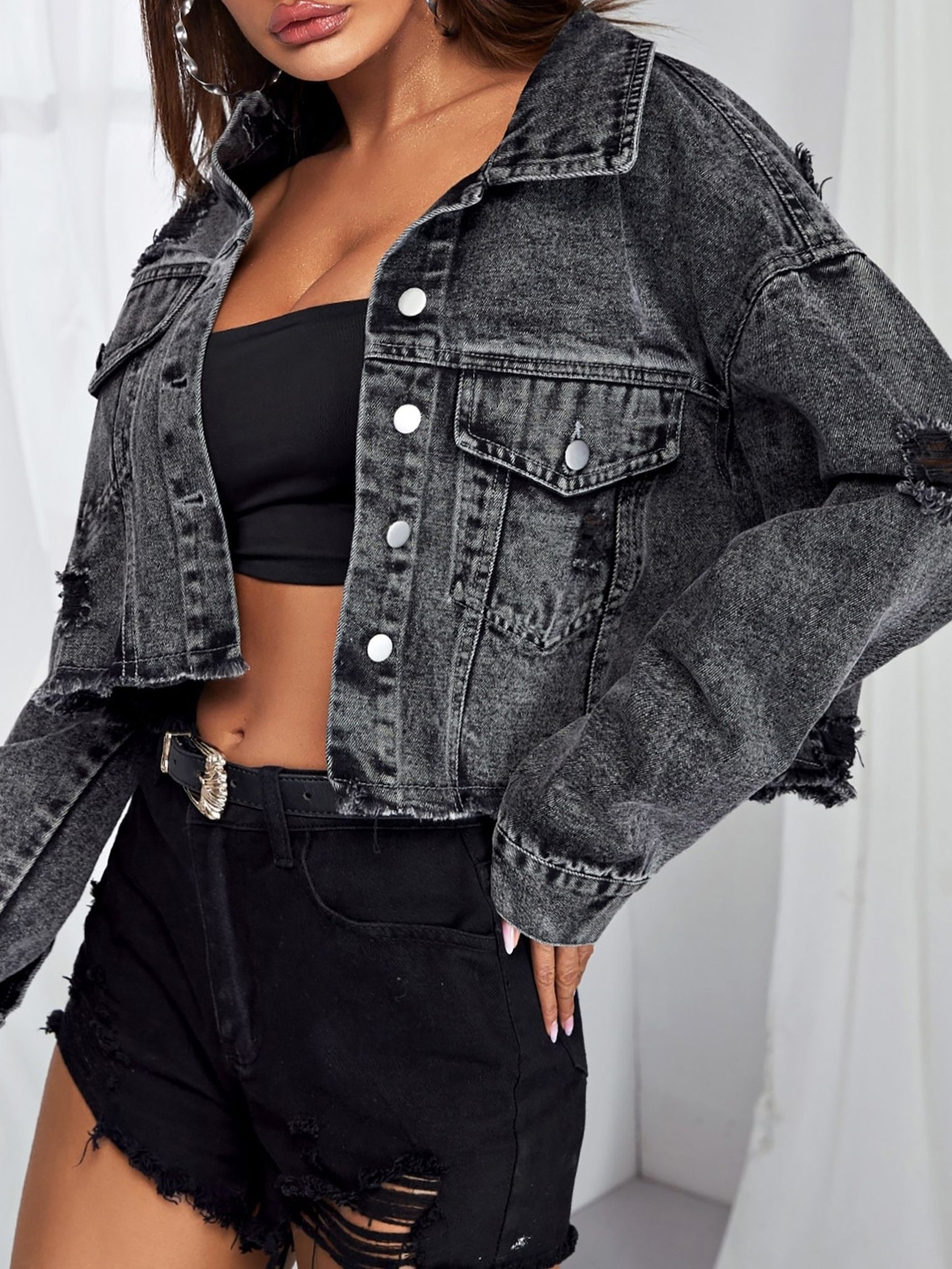Washed Black Raw Hem Denim Shirt Jacket