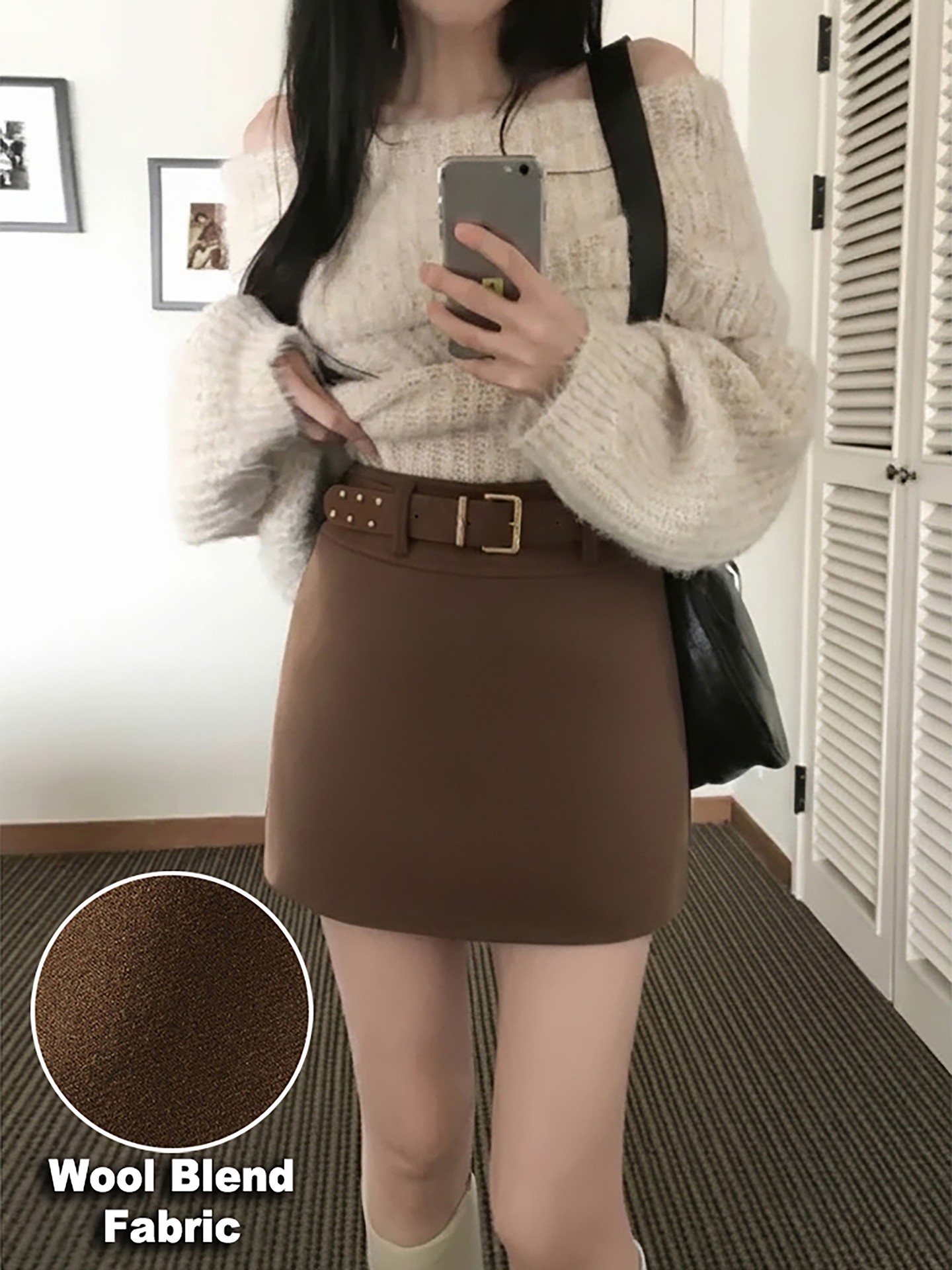 Wool Blend Belted A-Line Skirt
