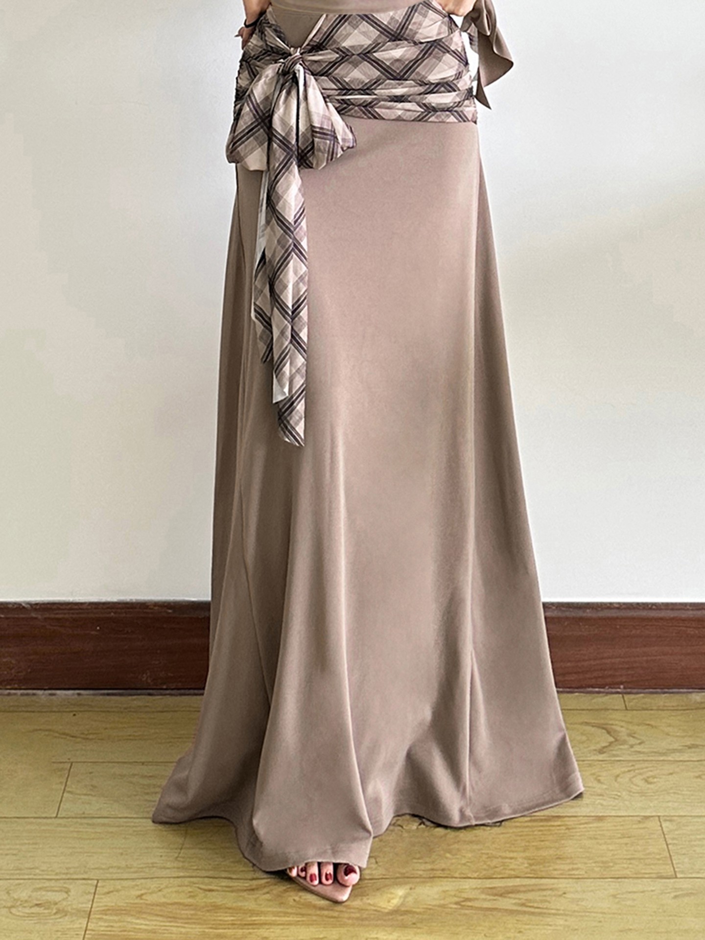 Boho Long Skirt with Checkered Wrap Waist
