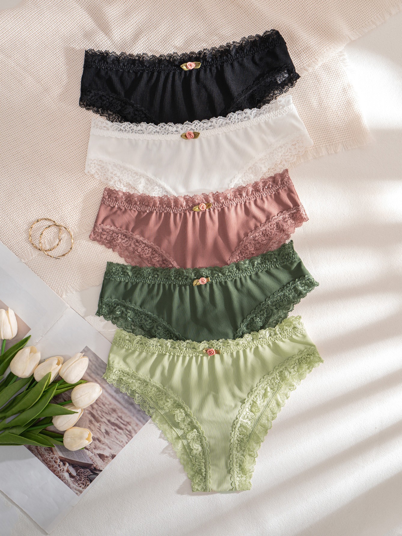 5Pcs Lace-trimmed Briefs