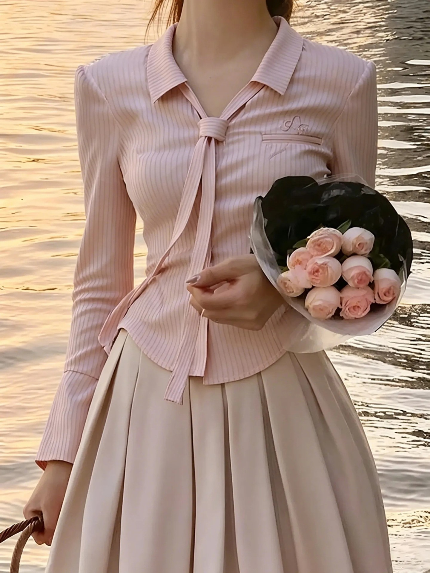 Neckline ribbon chest embroidery Blouse