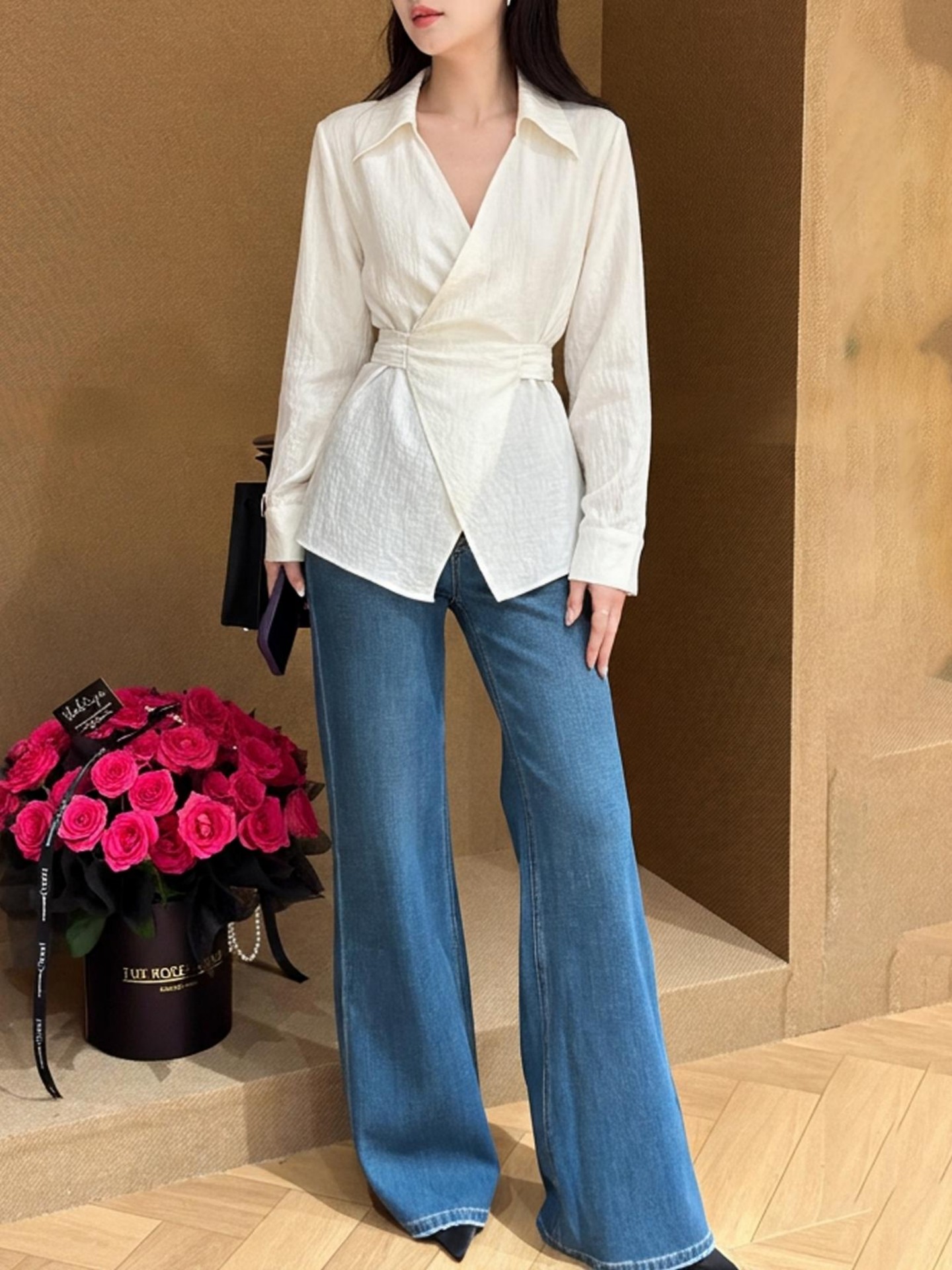 Glossy fabric Wrap Blouse