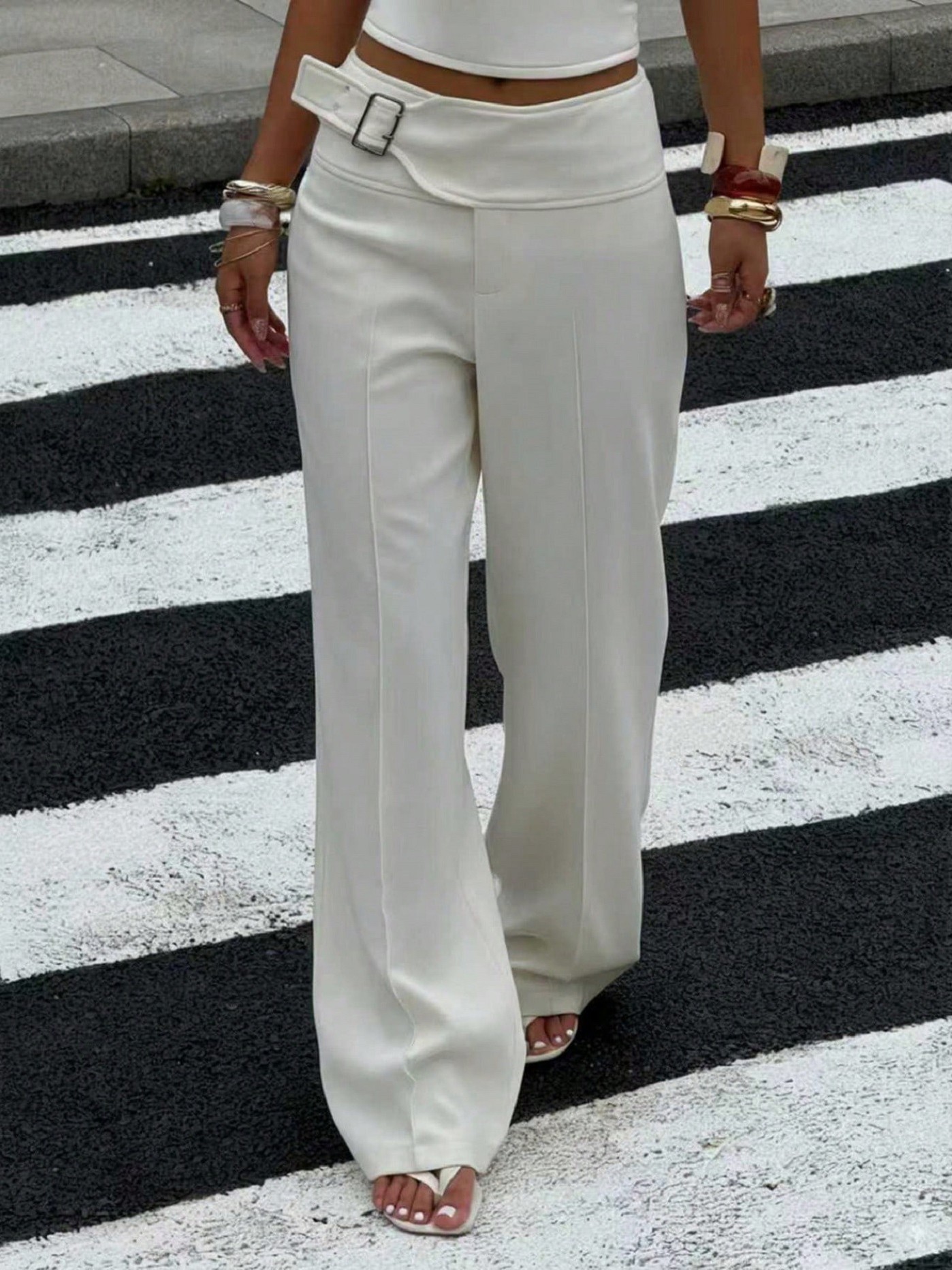 Regular waist Metallic Decor Straight Leg Pants